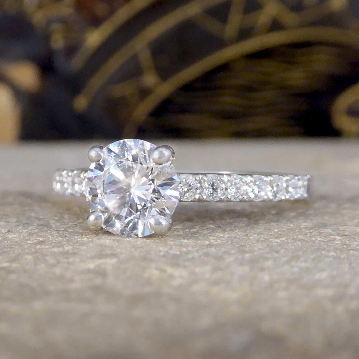GIA Cert D Colour 0.90ct Brilliant Cut Diamond Solitaire Engagement Ring with Diamond Shoulders in 18ct White Gold - Wharfedale Antiques