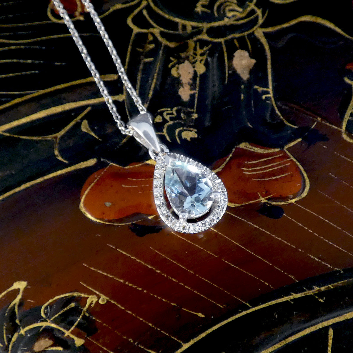 Diamond and Pear Cut Aquamarine Cluster Pendant Necklace in White Gold - Wharfedale Antiques