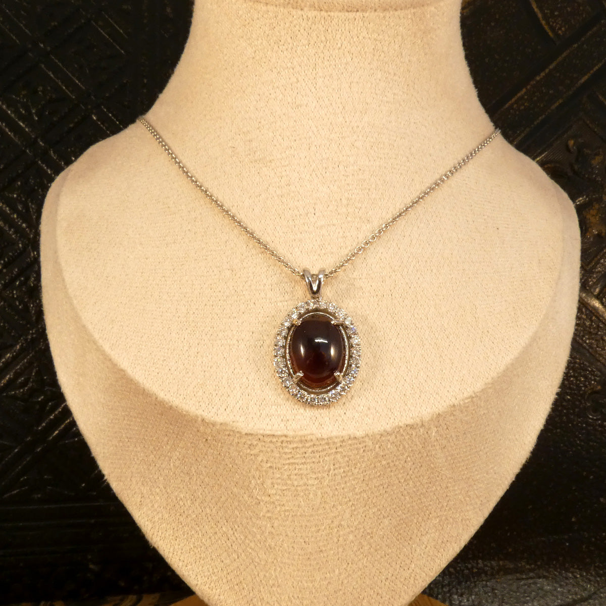 Cabochon Garnet and Diamond Halo Pendant Necklace in 18ct White Gold - Wharfedale Antiques