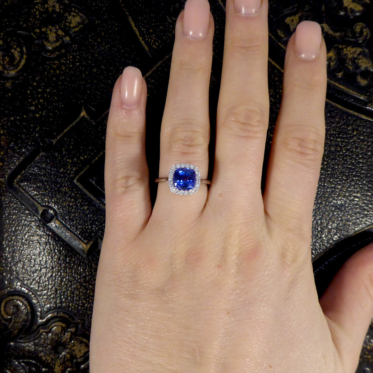 Cushion Cut Tanzanite and Diamond Cluster Ring in White Gold - Wharfedale Antiques