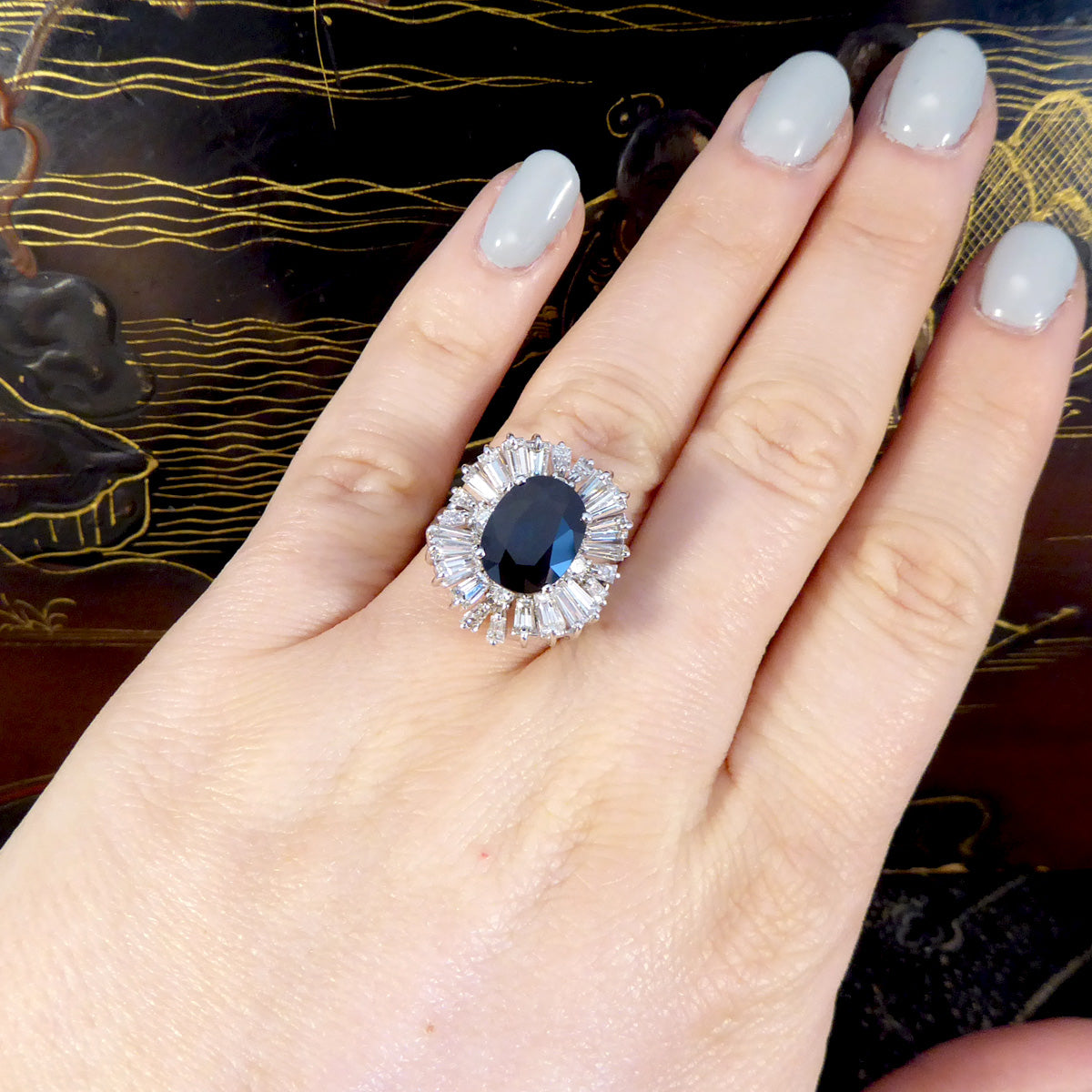 Deep 4.33ct Sapphire and Diamond Ballerina Ring in 18ct White Gold - Wharfedale Antiques