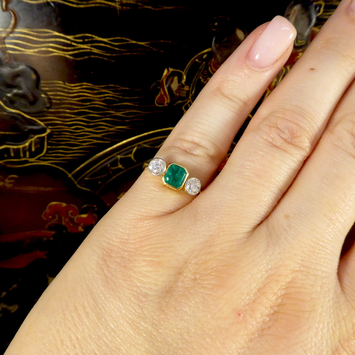 Emerald and Diamond Bezel Set Three Stone Ring in 18ct Yellow Gold and Platinum - Wharfedale Antiques