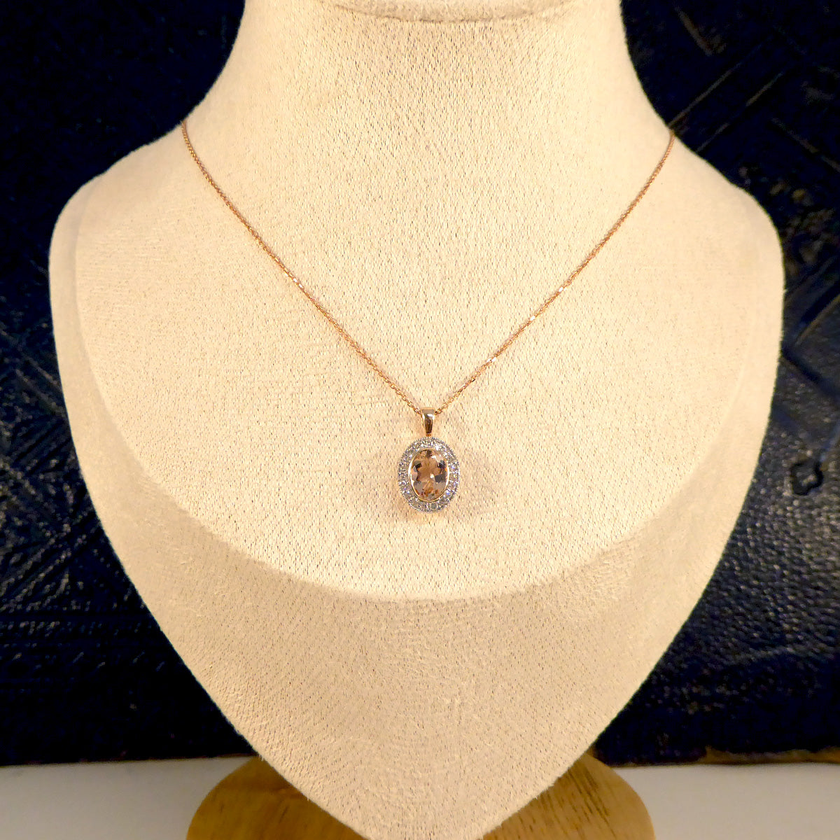 Morganite and Diamond Halo Cluster Pendant Necklace in White and Rose Gold