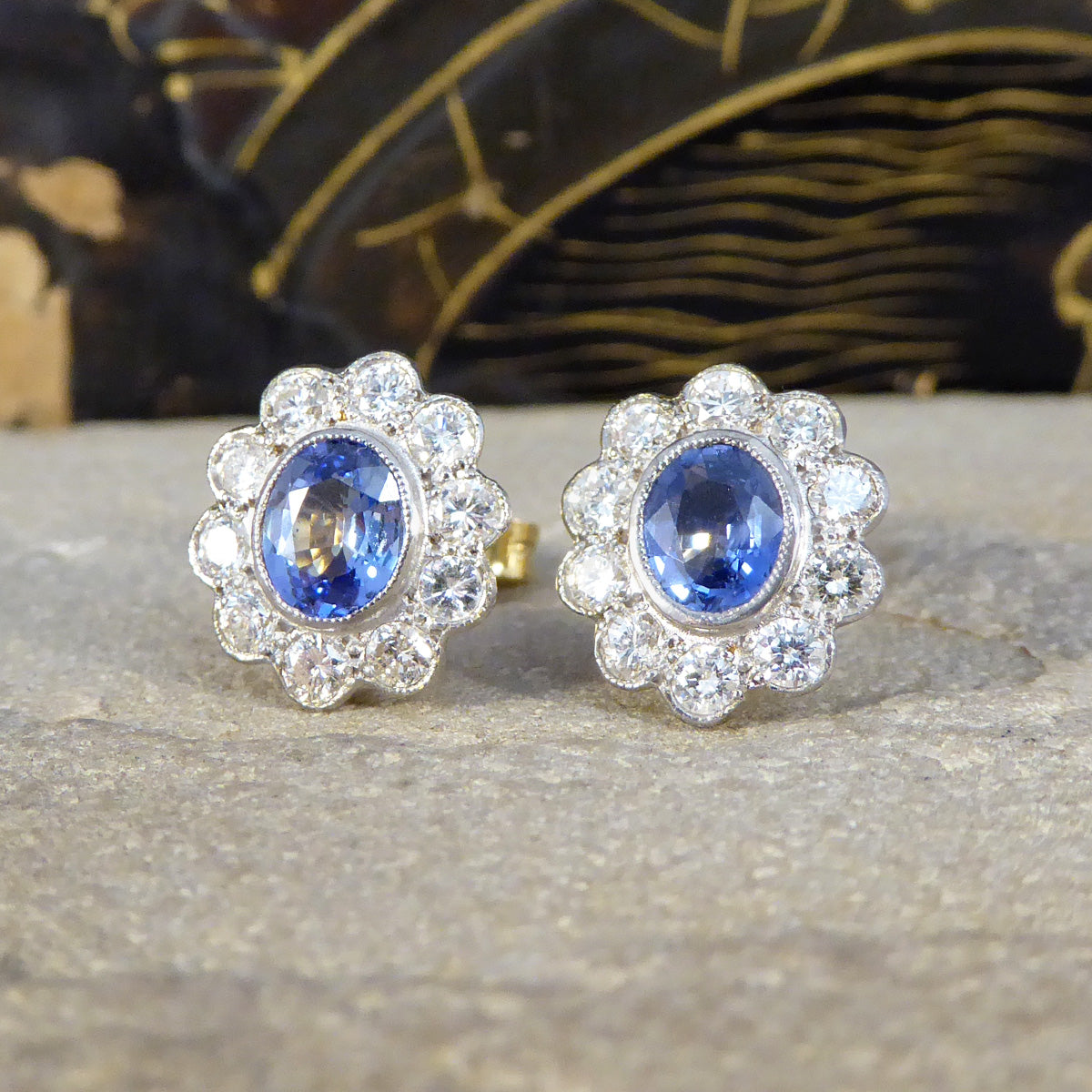 Edwardian Inspired Sapphire and Diamond Cluster Earrings in 18ct Gold - Wharfedale Antiques