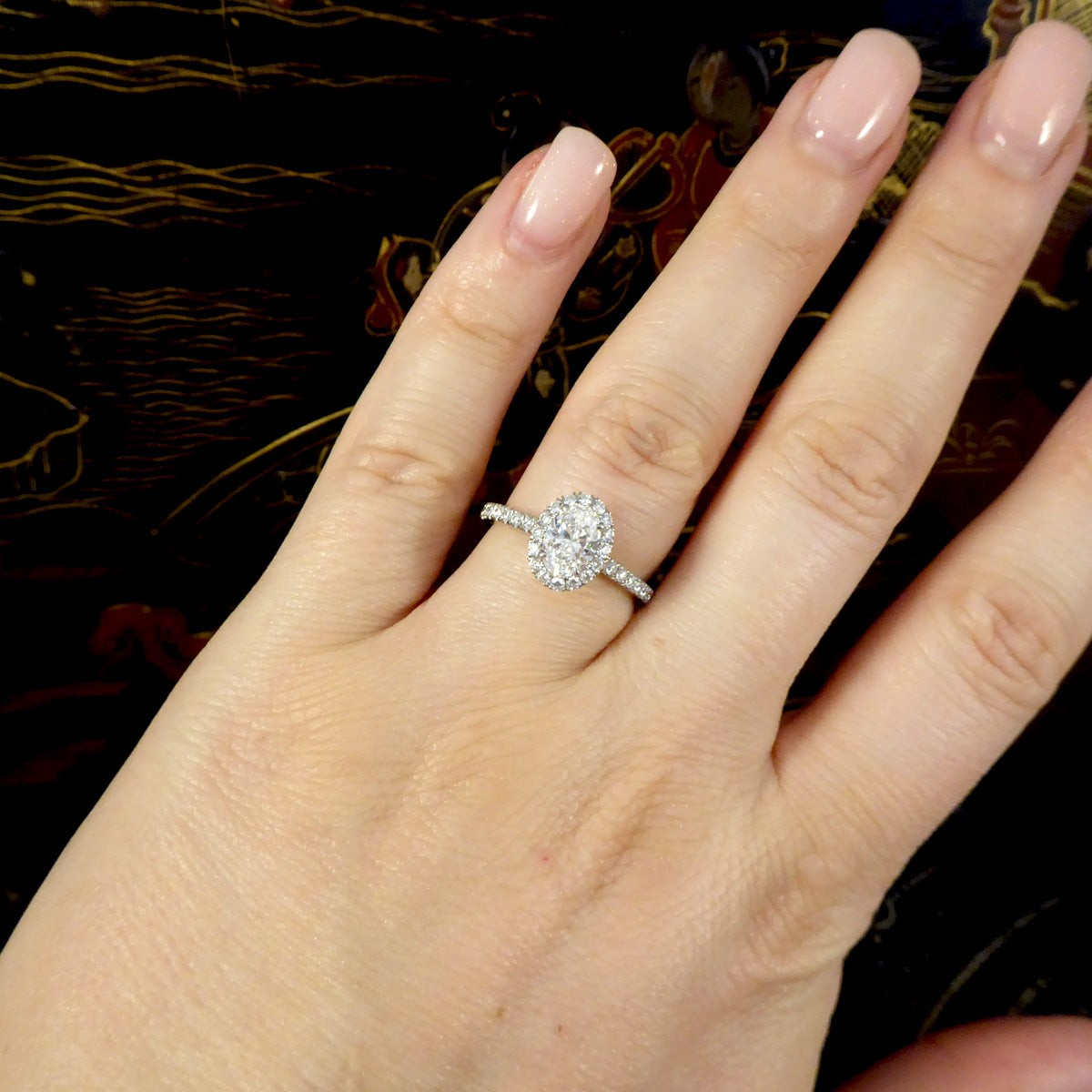 GIA D Colour Oval Cut Diamond Cluster ring with Diamond Shoulders in Platinum - Wharfedale Antiques
