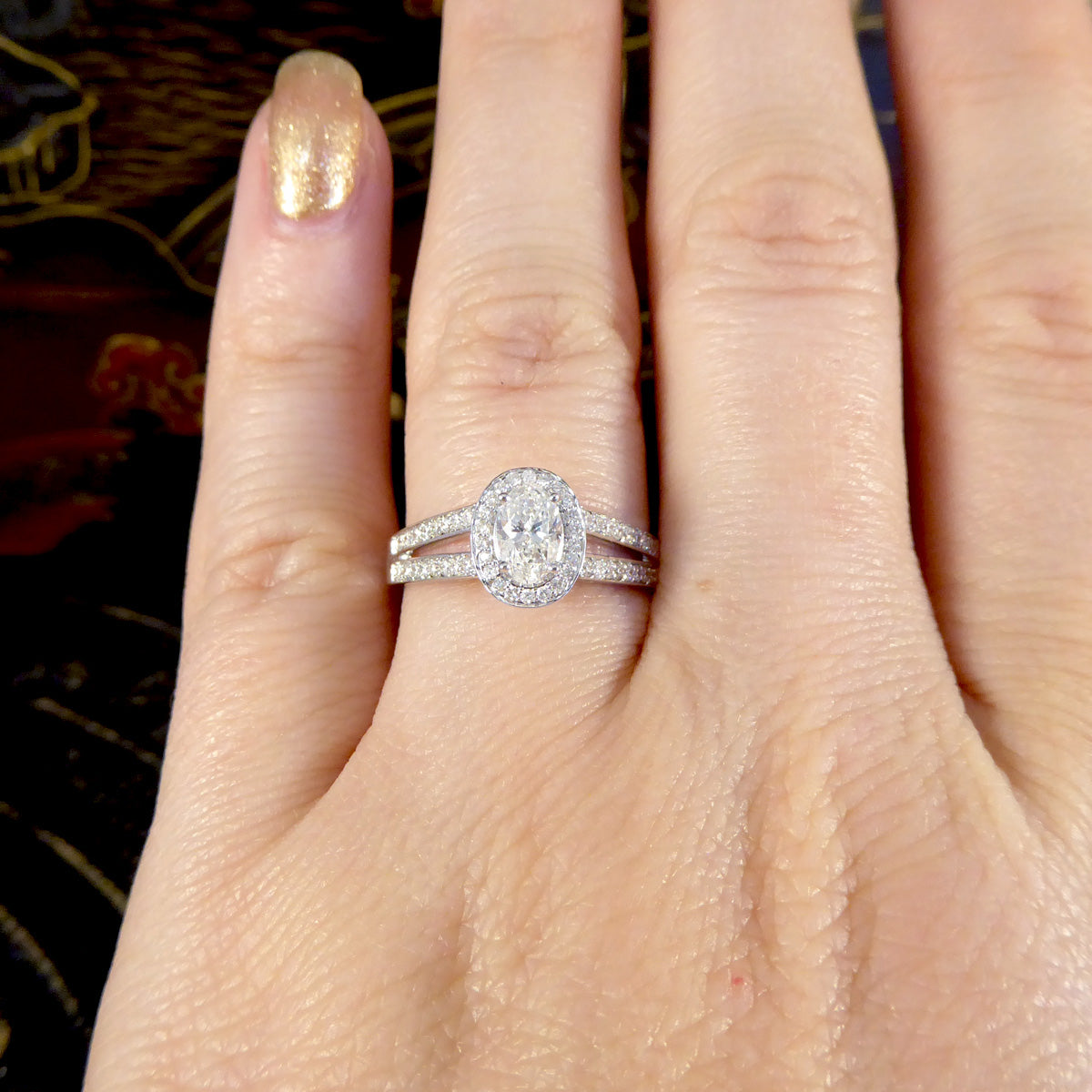 Oval Cut Diamond Cluster Ring with Diamond Set Double Strand Shoulders in 18ct White Gold