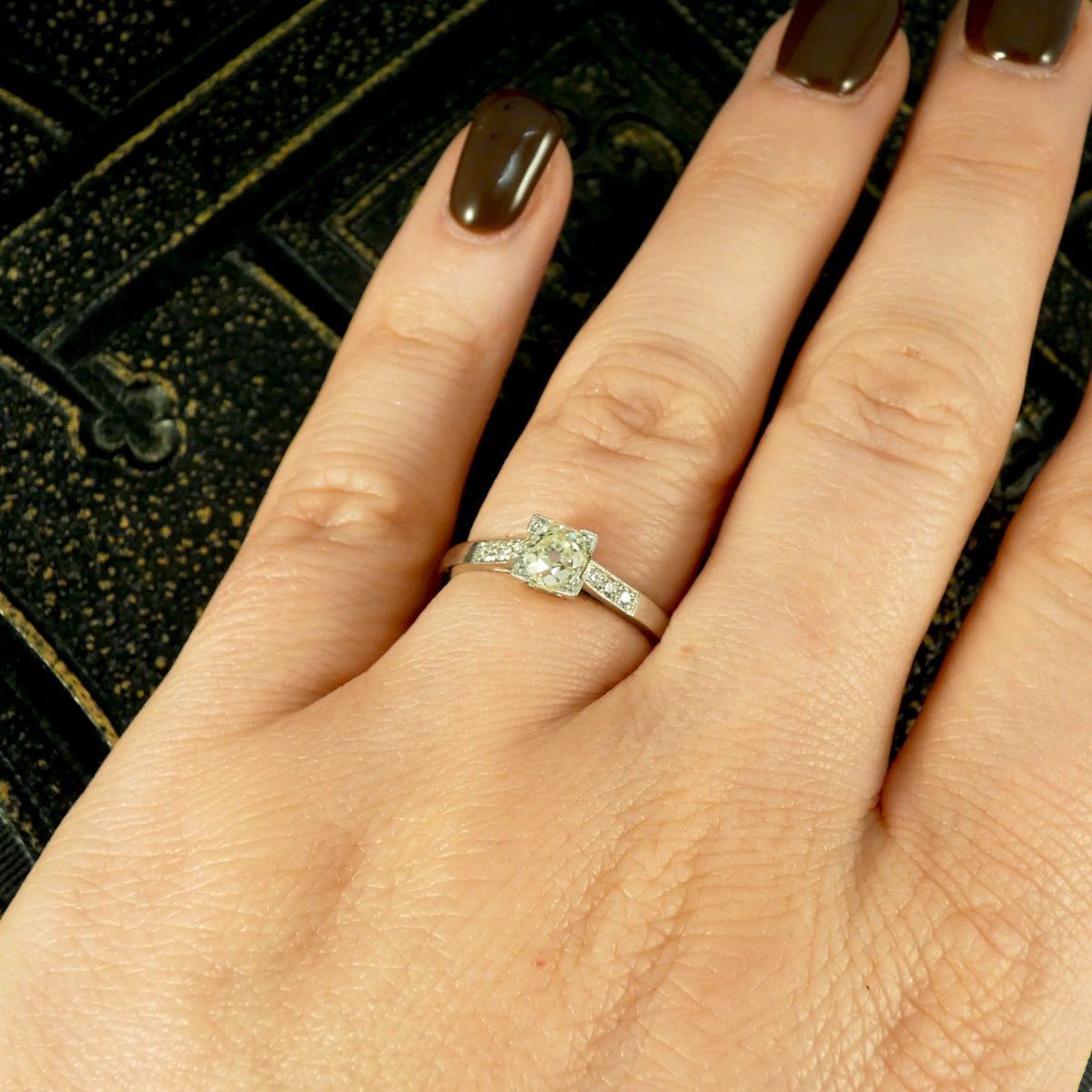 Champagne Old Cushion Cut Diamond Solitaire with Diamond set Shoulders in Platinum - Wharfedale Antiques