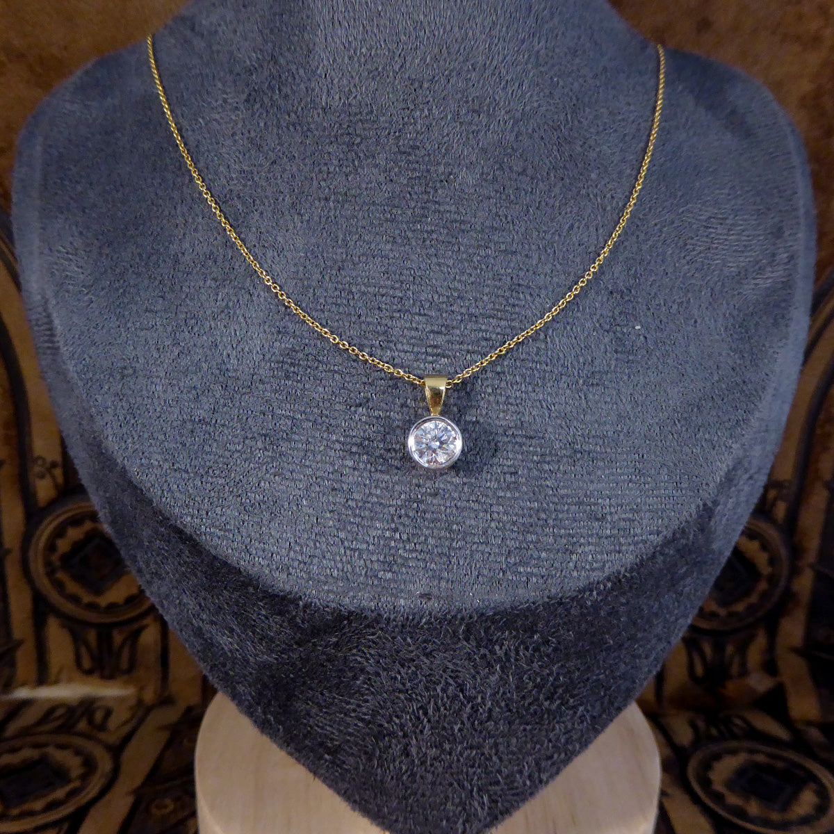Classic 0.75ct Diamond Bezel Set Solitaire Pendant Necklace in 18ct Gold - Wharfedale Antiques