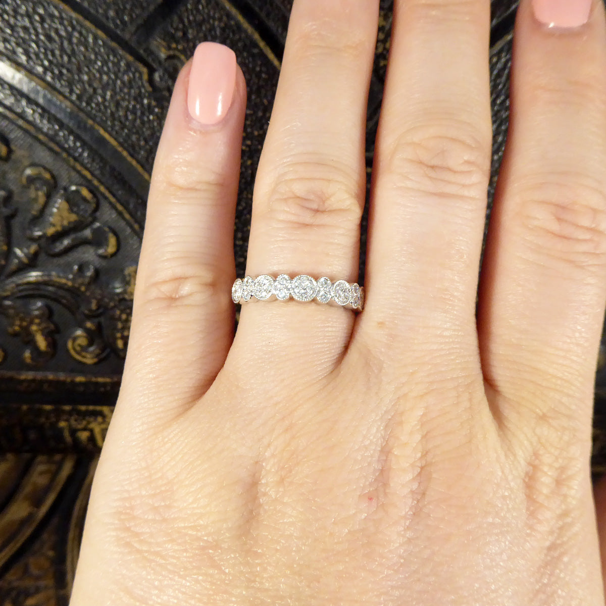 Diamond set Flat Cluster Half Eternity Ring in 18ct White Gold - Wharfedale Antiques