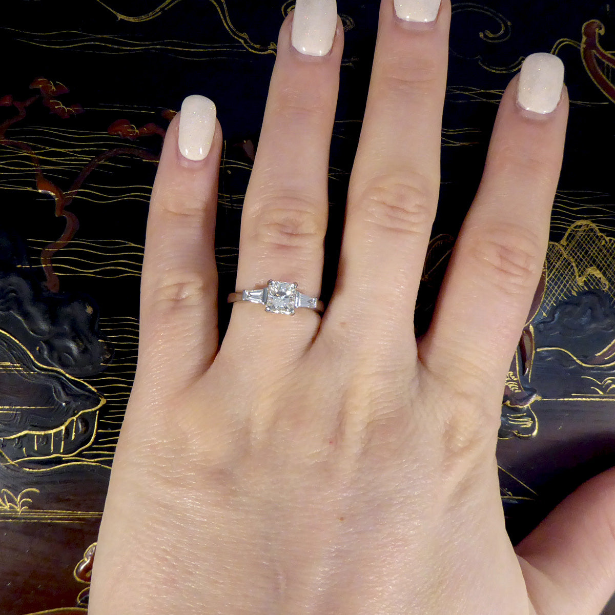 Radiant Cut Diamond Ring with Tapered Baguette Shoulder in Platinum - Wharfedale Antiques