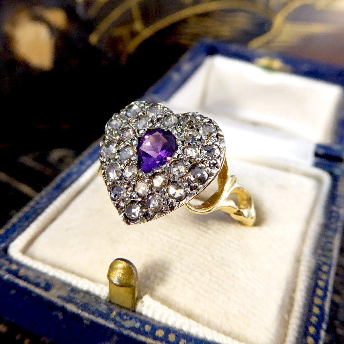 Early Victorian Style Amethyst and Rose Cut Diamond Heart Ring in 18ct Gold - Wharfedale Antiques