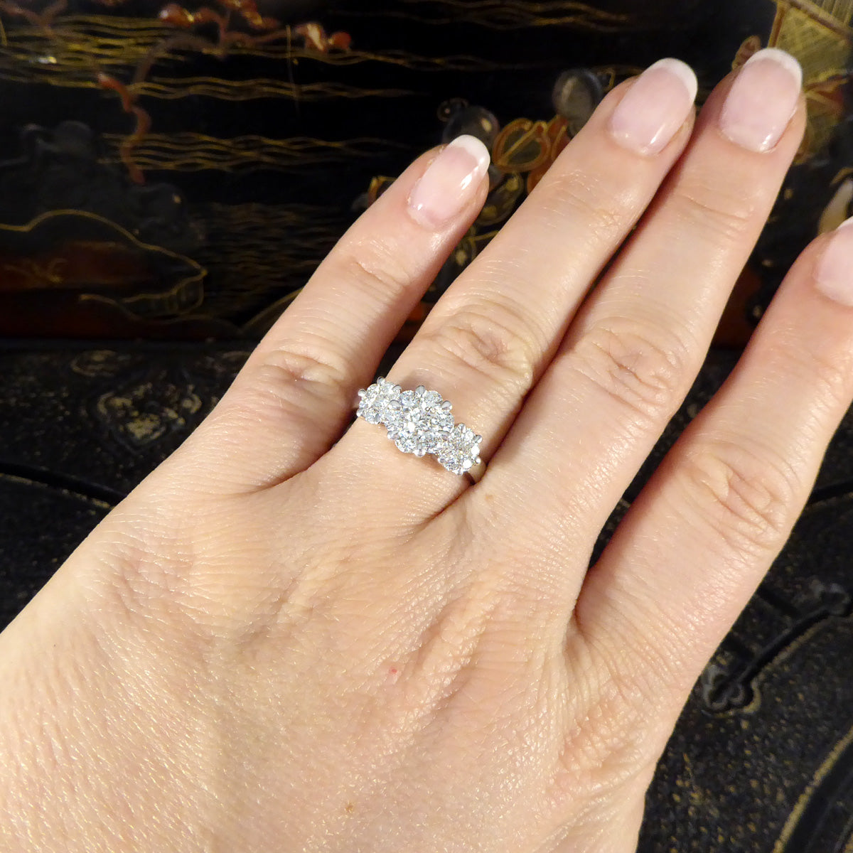 Diamond Triple Daisy Cluster Illusion Three Stone Ring in Platinum