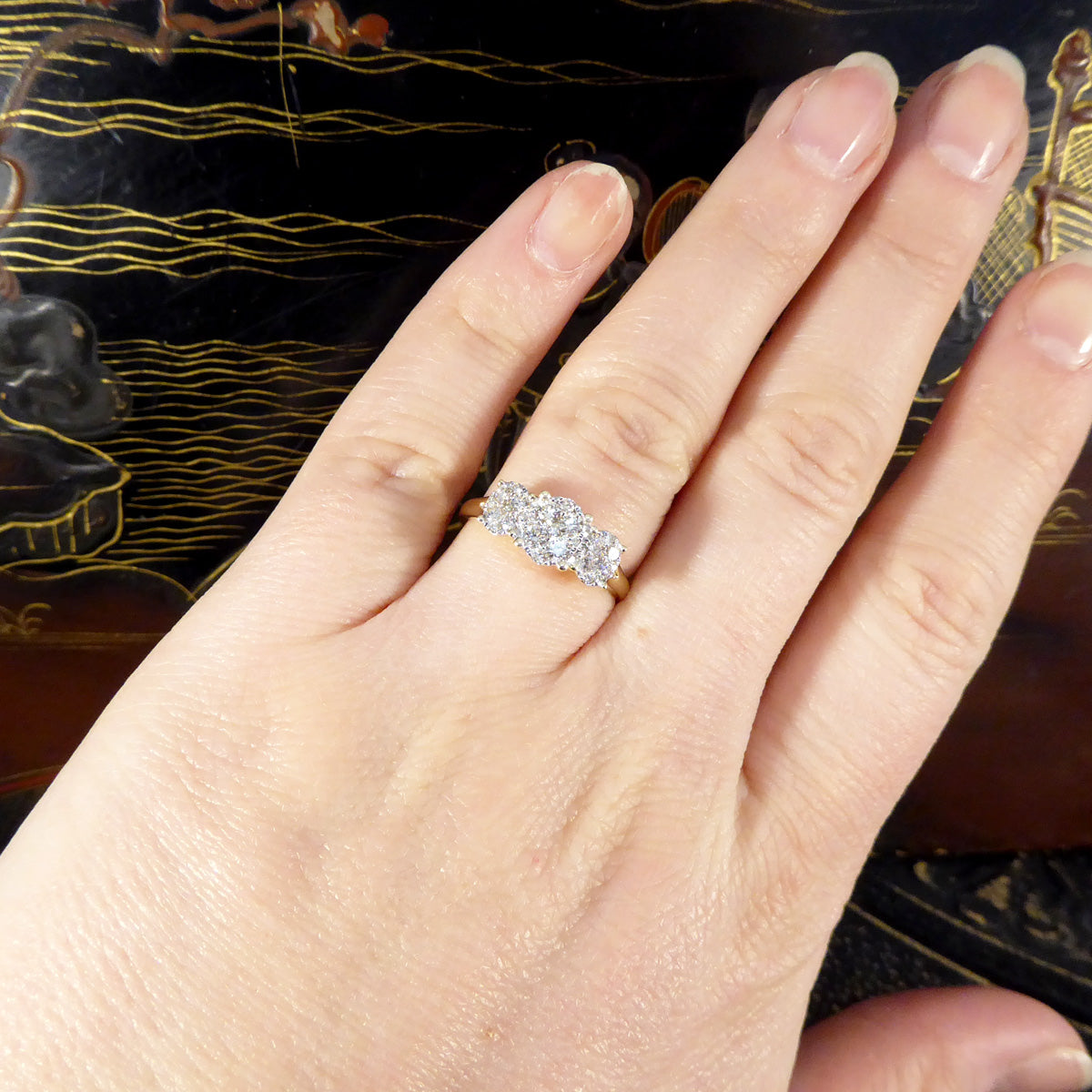 Oval Cut Diamond Three Stone Illusion Cluster Ring in Yellow Gold - Wharfedale Antiques