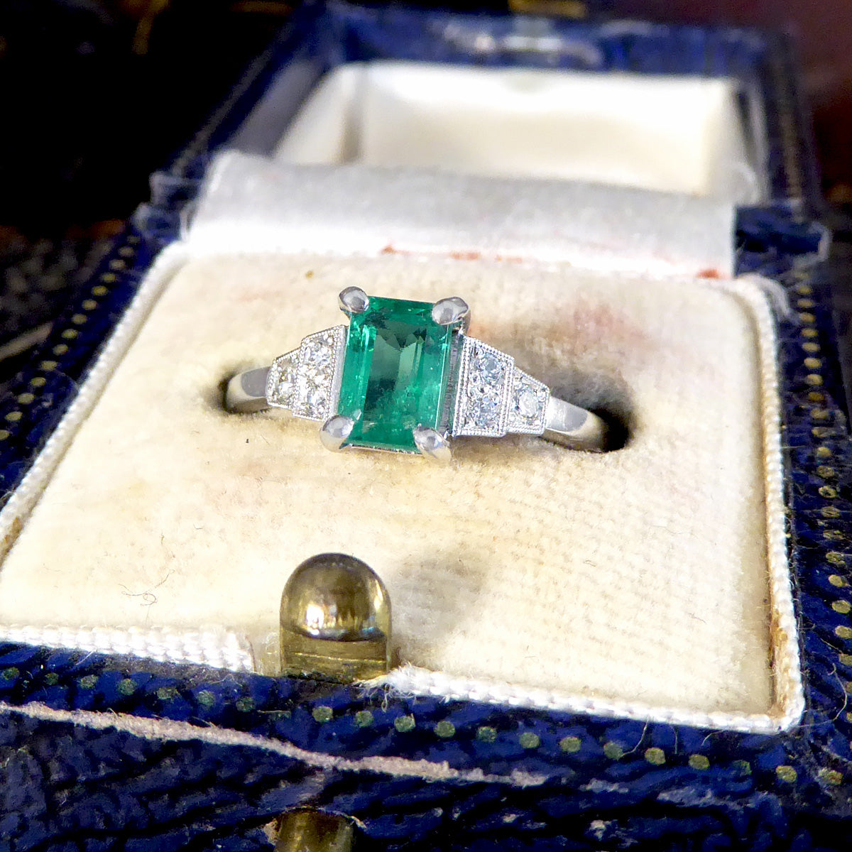 Art Deco Replica Emerald and Diamond Staged Shoulder Ring in Platinum - Wharfedale Antiques