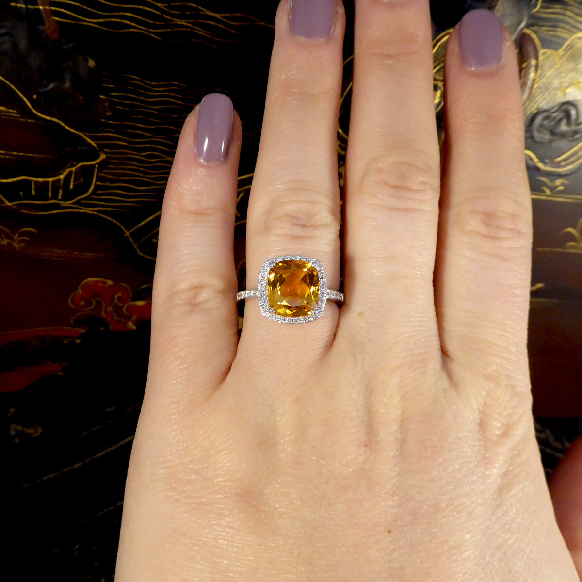 Firey 3.80ct Cushioned Citrene and Diamond Cluster Ring with Diamond Shoulders in 18ct White Gold - Wharfedale Antiques