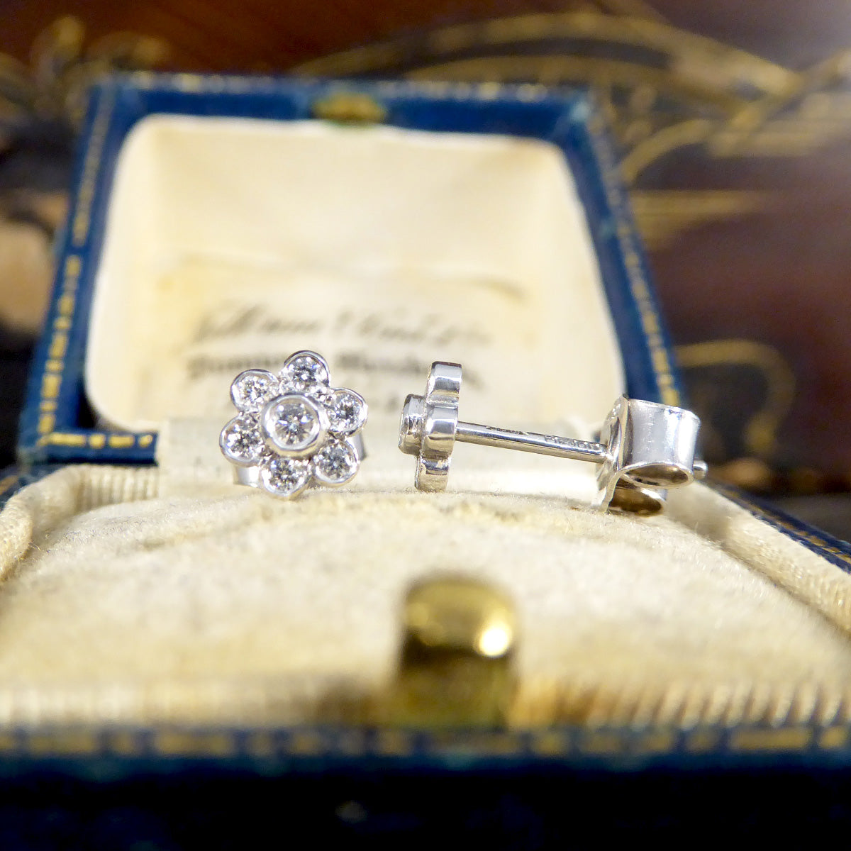 Diamond Flower Cluster Stud Earrings in 18ct White Gold - Wharfedale Antiques