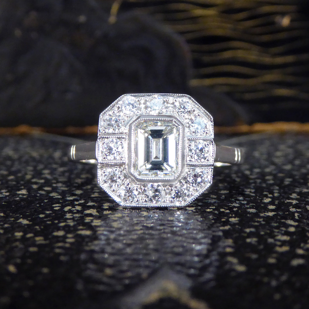 Art Deco Inspired Emerald Cut Diamond Cluster Ring in Platinum - Wharfedale Antiques