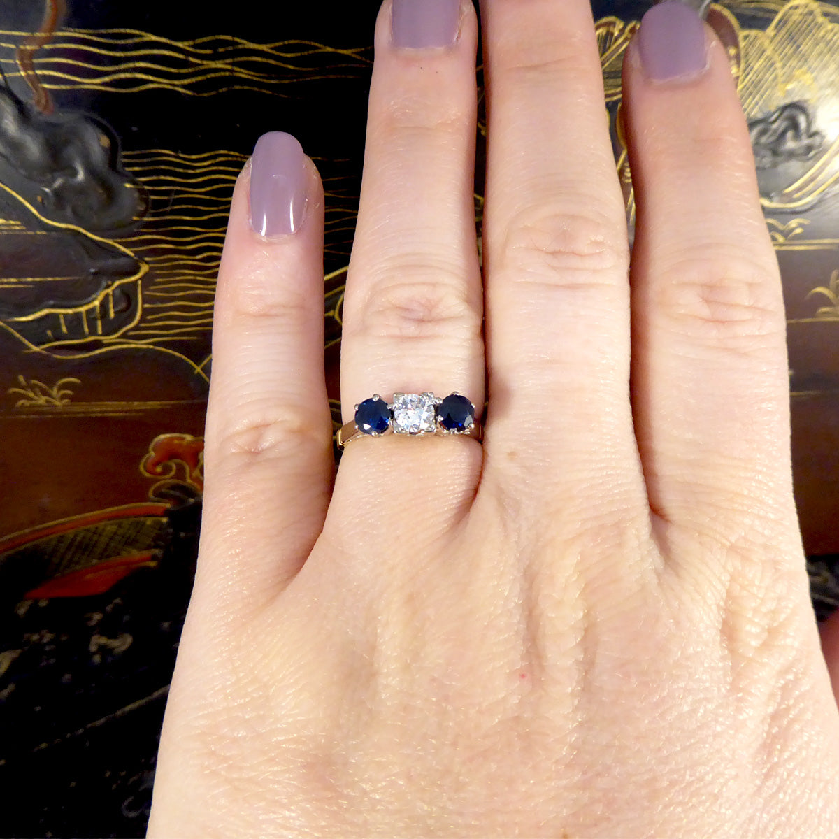 Vintage Sapphire and Diamond Three Stone Ring in 18ct Yellow Gold - Wharfedale Antiques