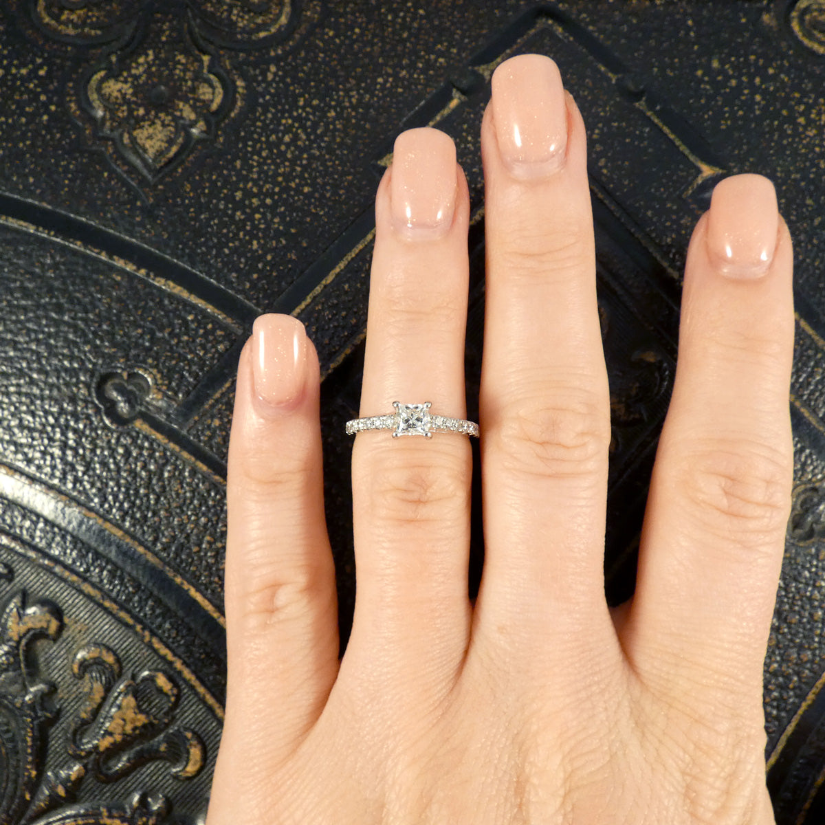 Princess Cut Diamond Solitaire Engagement Ring with Diamond Set Shoulders in Platinum - Wharfedale Antiques