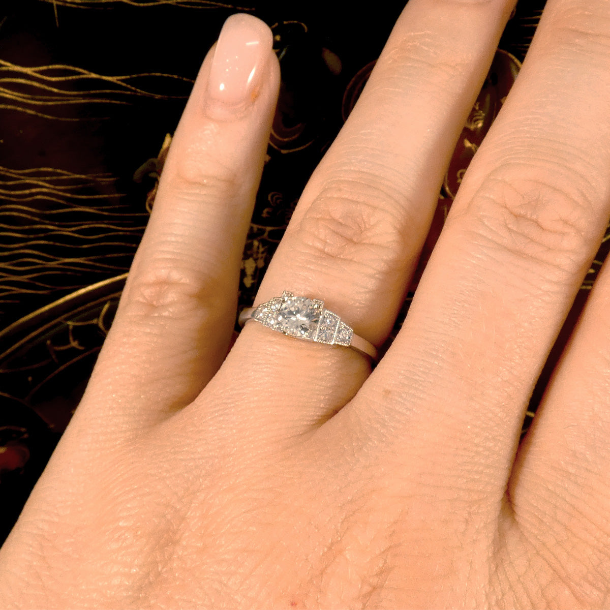 Art Deco Inspired Diamond Ring with Diamond Staged Shoulders in Platinum - Wharfedale Antiques