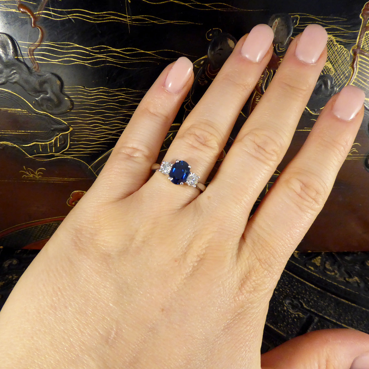 Oval Cut 1.75ct Sapphire and Diamond Three Stone Ring in Platinum - Wharfedale Antiques