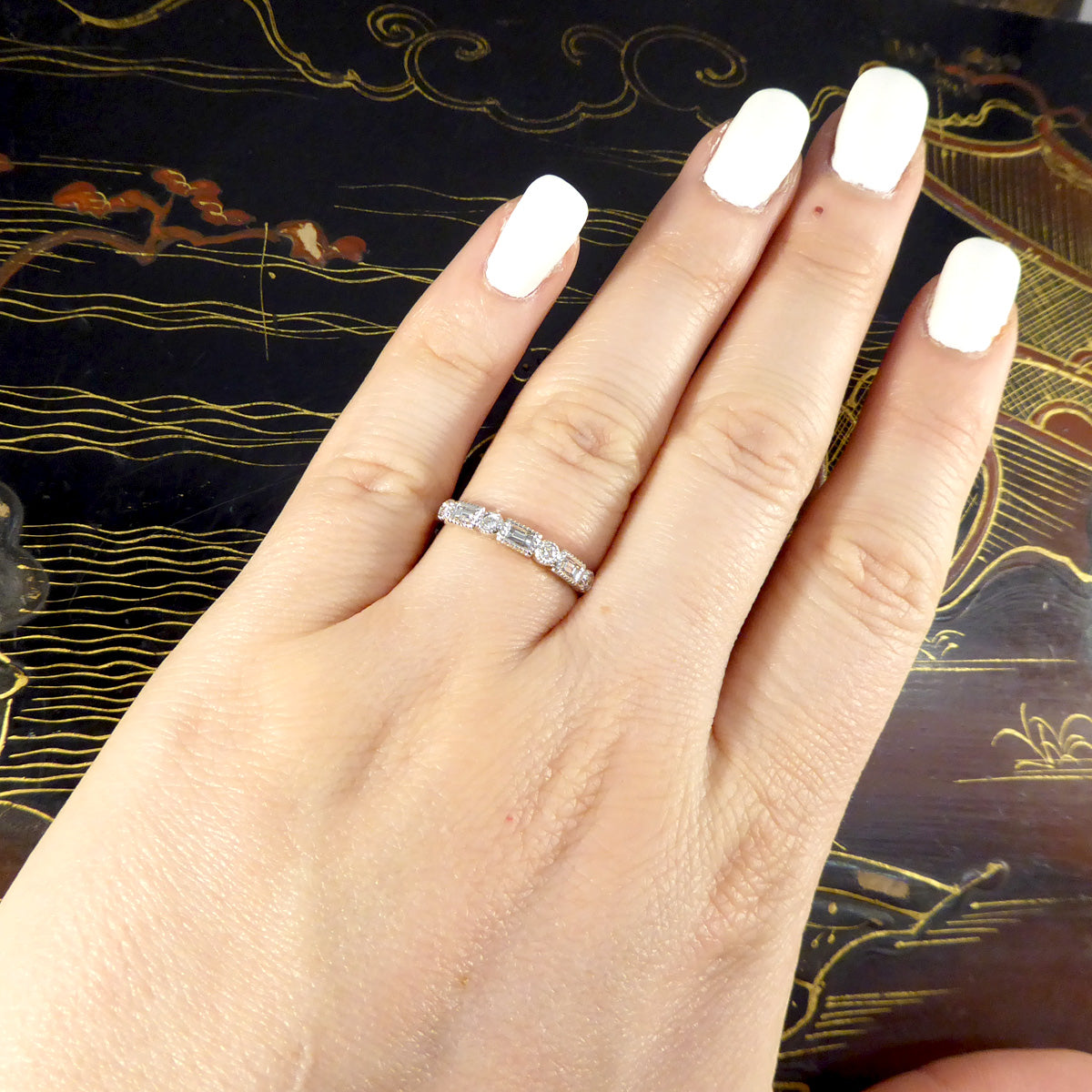 Baguette and Brilliant Cut Diamond Half Eternity Band in Platinum - Wharfedale Antiques