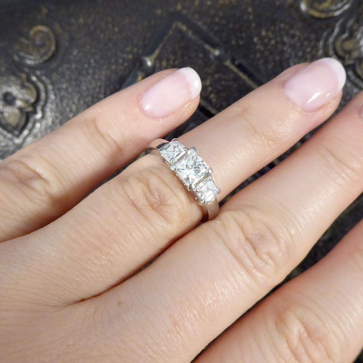 1.47ct Princess Cut and Asscher Cut Diamond Three Stone Ring in Platinum - Wharfedale Antiques
