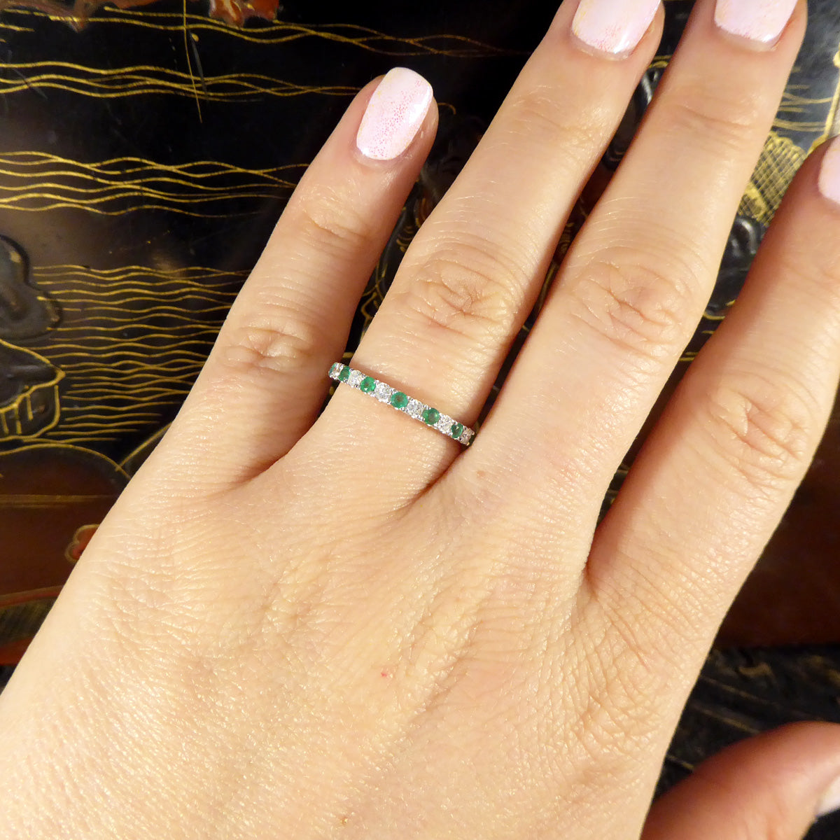 Emerald and Diamond Half Eternity Ring in White Gold - Wharfedale Antiques
