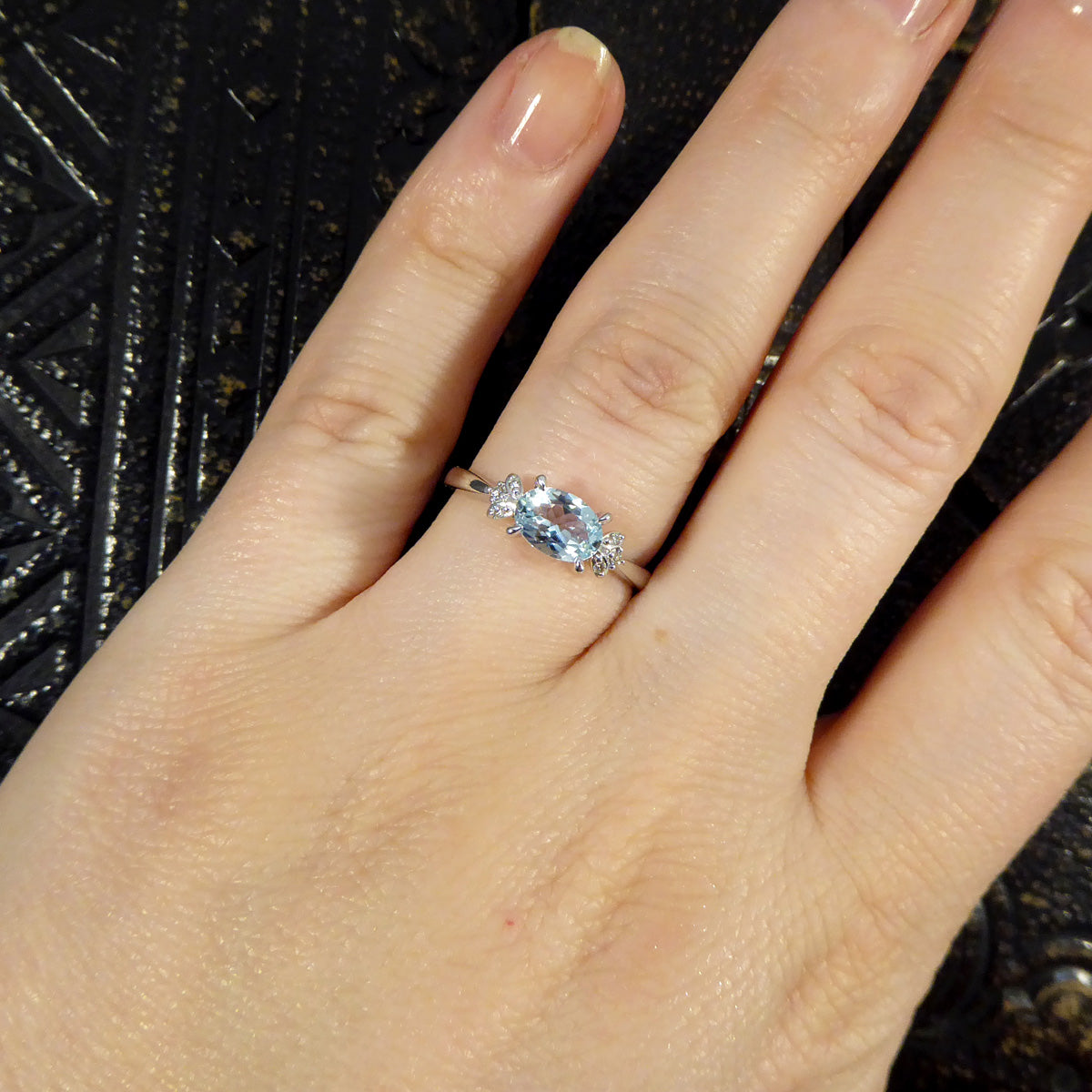 Dainty Aquamarine Ring with Diamond Set Shoulders in White Gold - Wharfedale Antiques