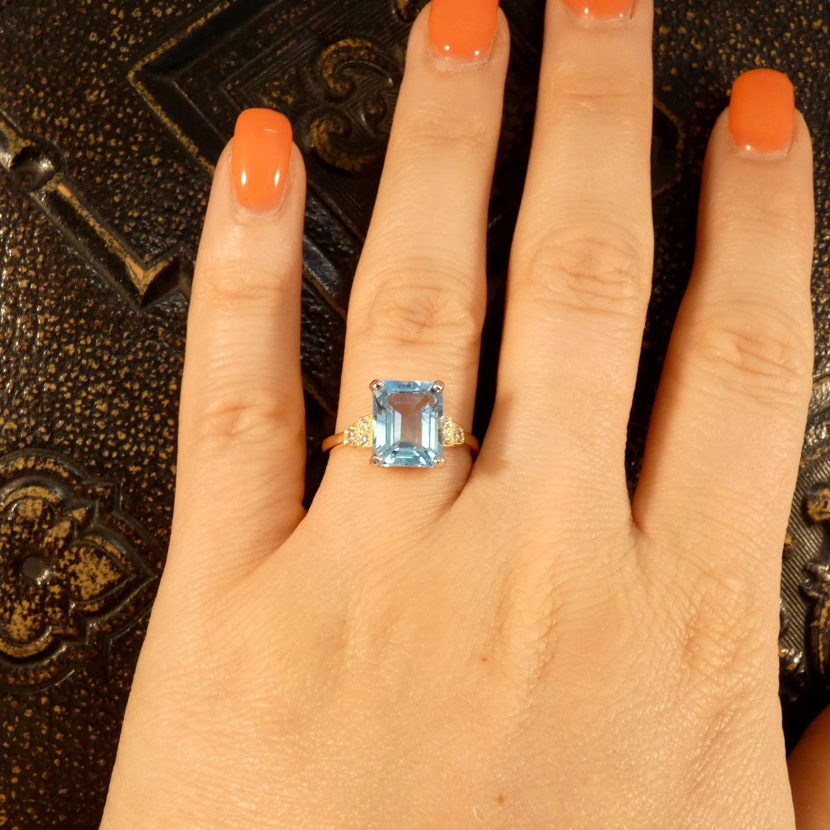 Art Deco Inspired 4.19ct Blue Topaz and Diamond Ring in White and Yellow Gold - Wharfedale Antiques