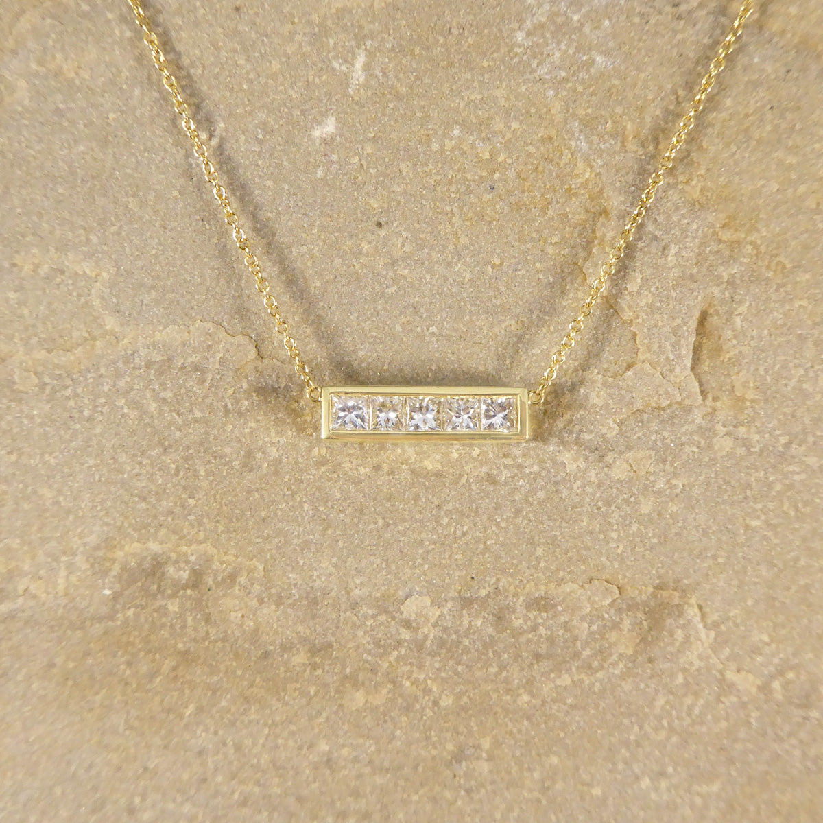 Princess Cut Diamond Bar Necklace in 18ct Yellow Gold - Wharfedale Antiques