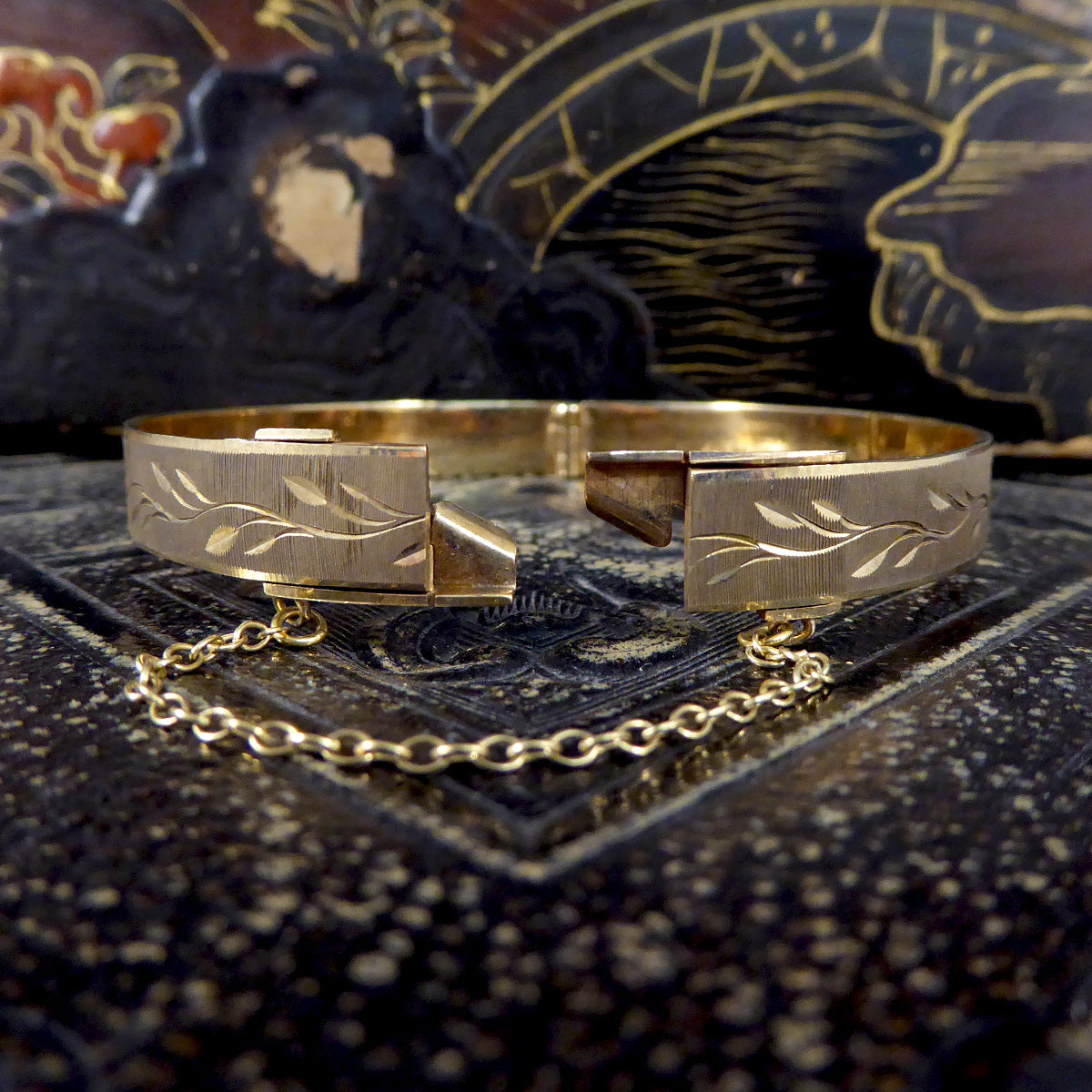 Vintage Yellow Gold Matt Brush Leaf Detailed Bangle C1977 - Wharfedale Antiques