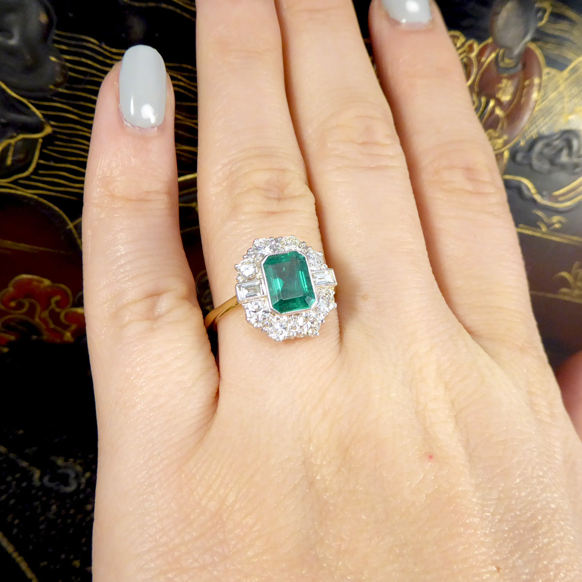 Edwardian Style 1.30ct Emerald and 1.20ct Diamond Cluster Ring in 18ct Gold - Wharfedale Antiques