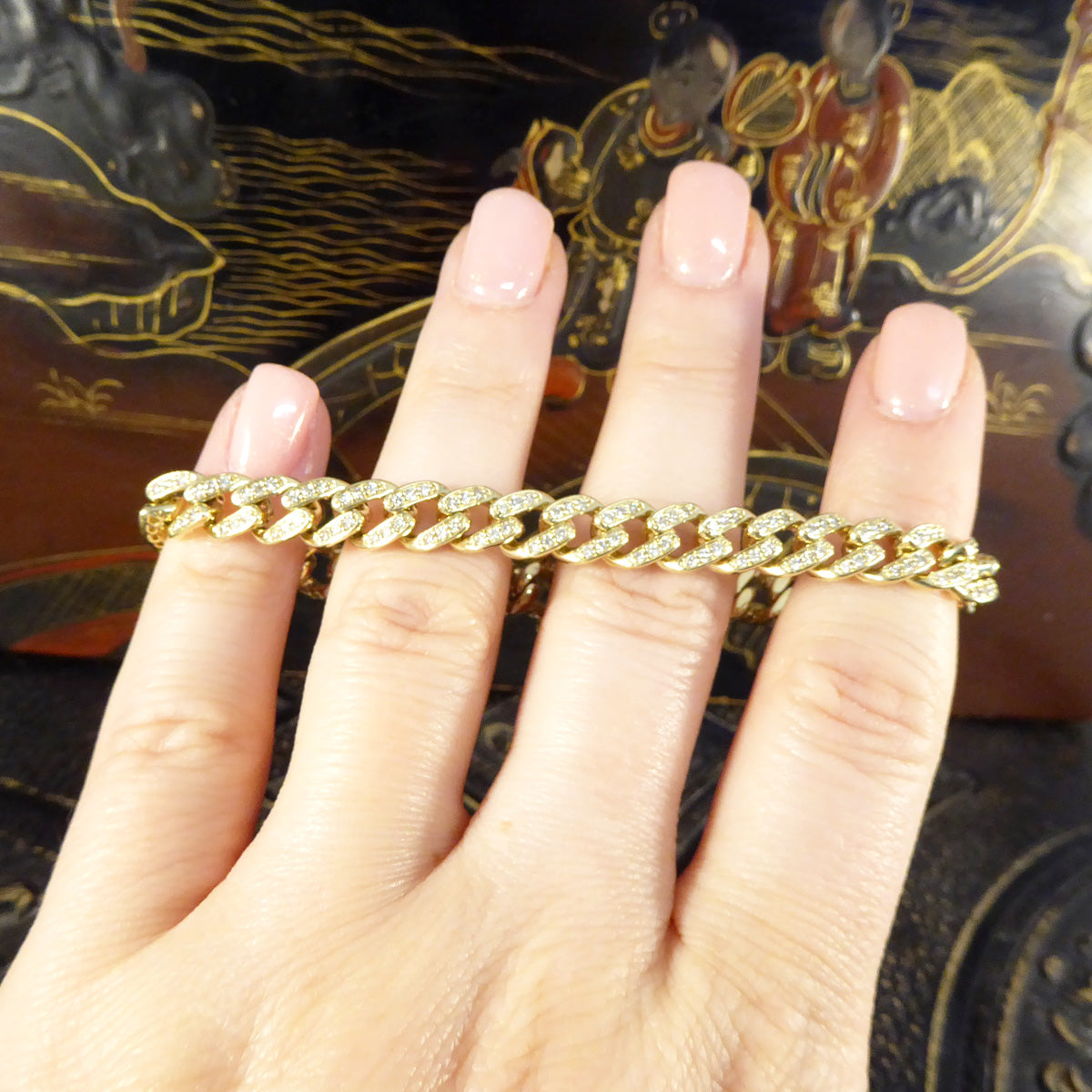 Modern Brilliant Cut Diamond Set Curb Bracelet in Yellow Gold - Wharfedale Antiques