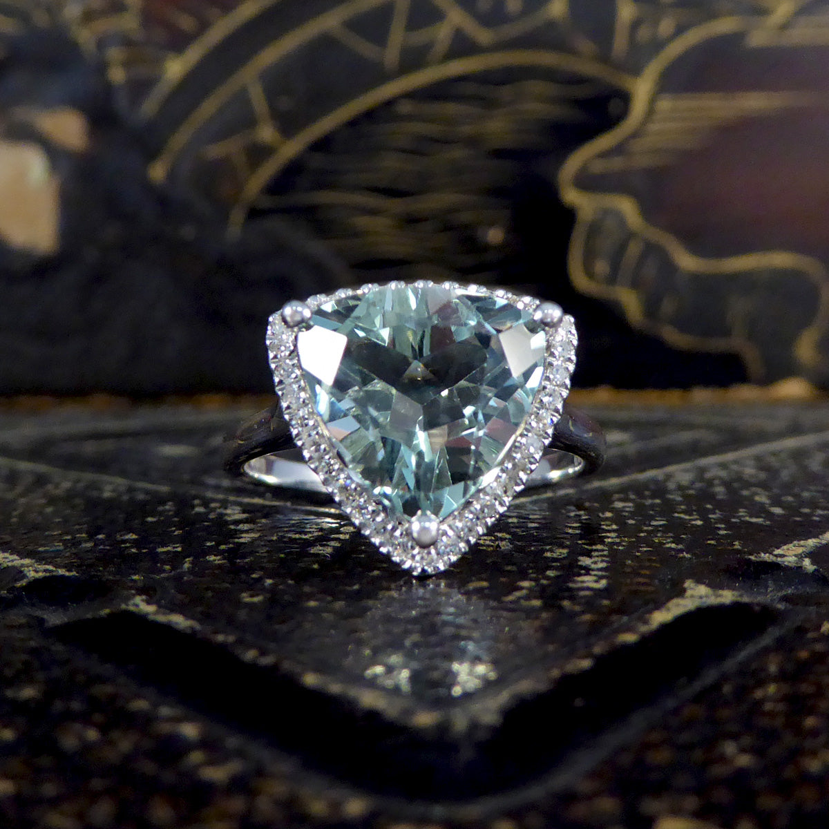 Majestic Trillion Cut Green Amethyst and Diamond Halo Dress Ring in White Gold - Wharfedale Antiques