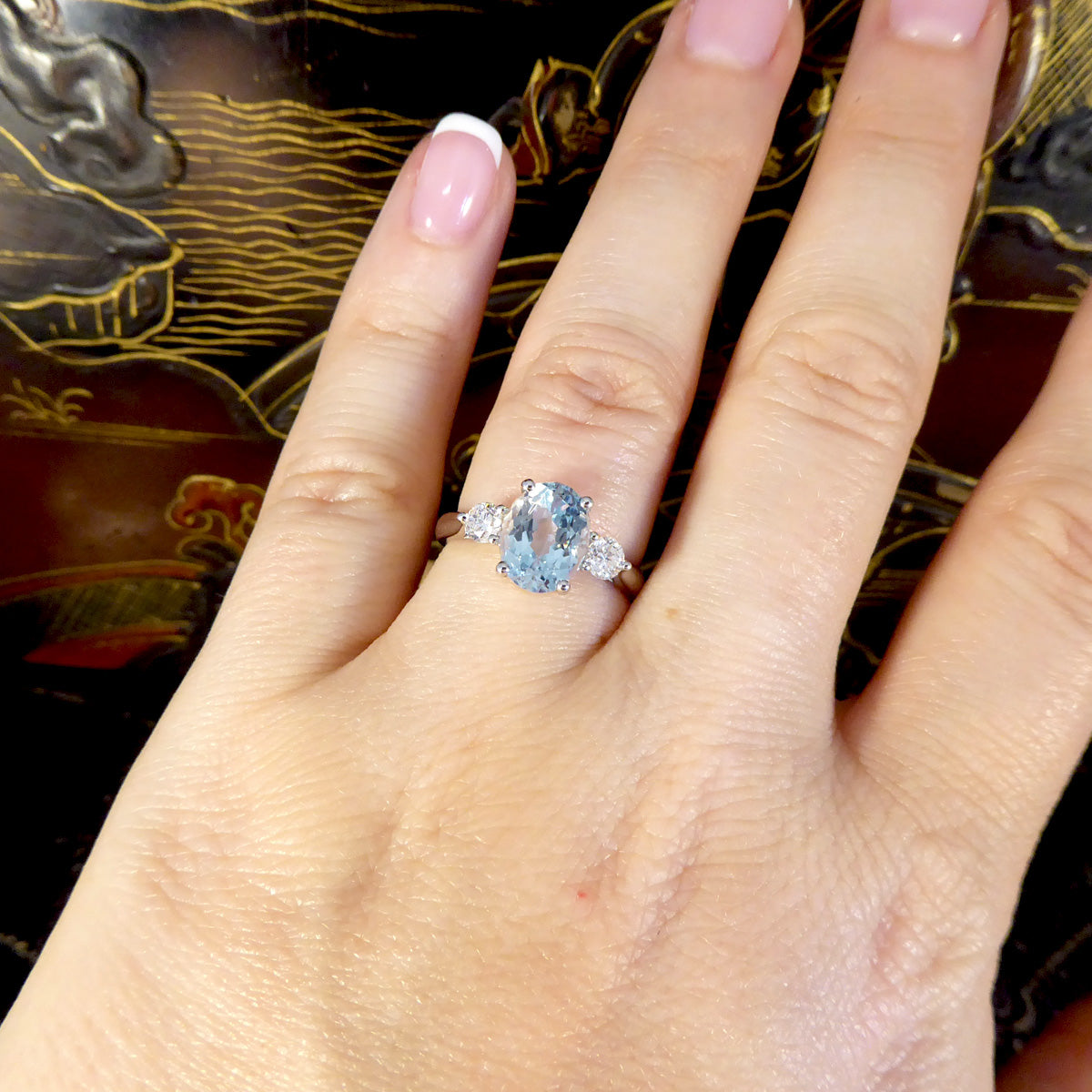 Classic 1.93ct Oval Cut Aquamarine and Diamond Three Stone Ring in Platinum - Wharfedale Antiques
