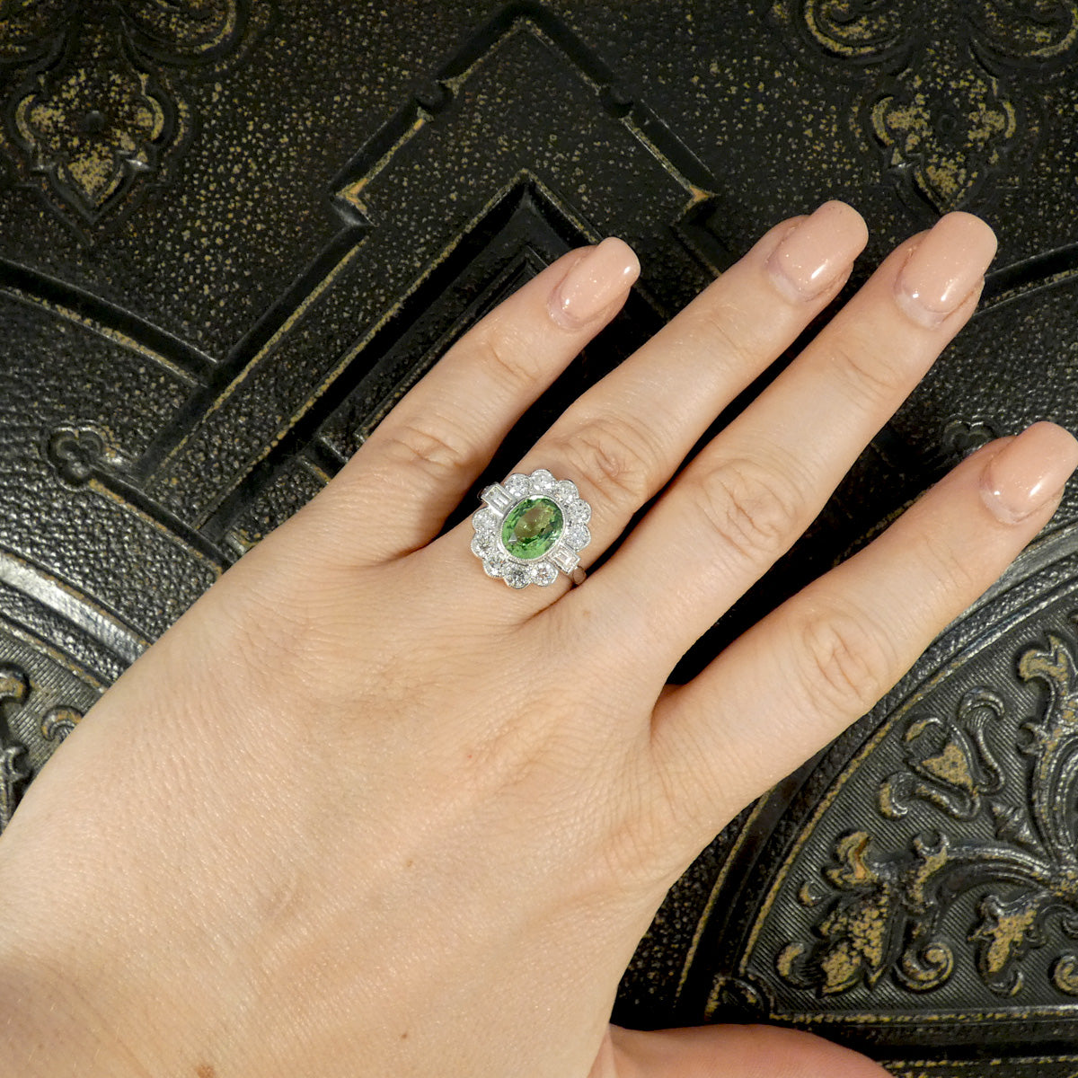 Edwardian Style 2.51ct Green Garnet and 1.20ct Diamond Cluster Ring in Platinum - Wharfedale Antiques