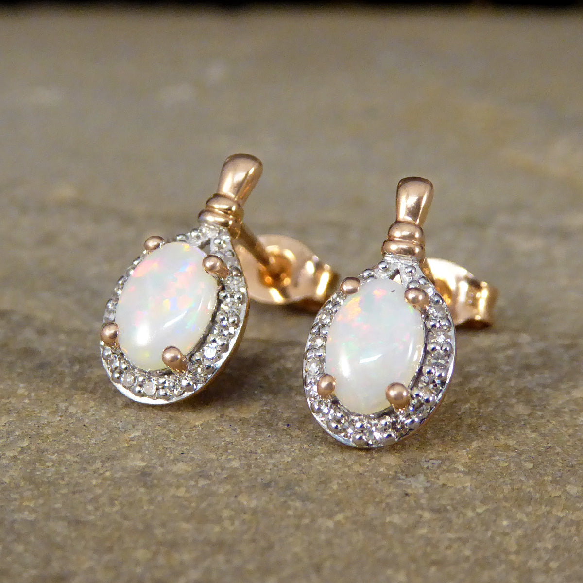 Opal and Diamond Cluster Drop Earrings in Rose Gold