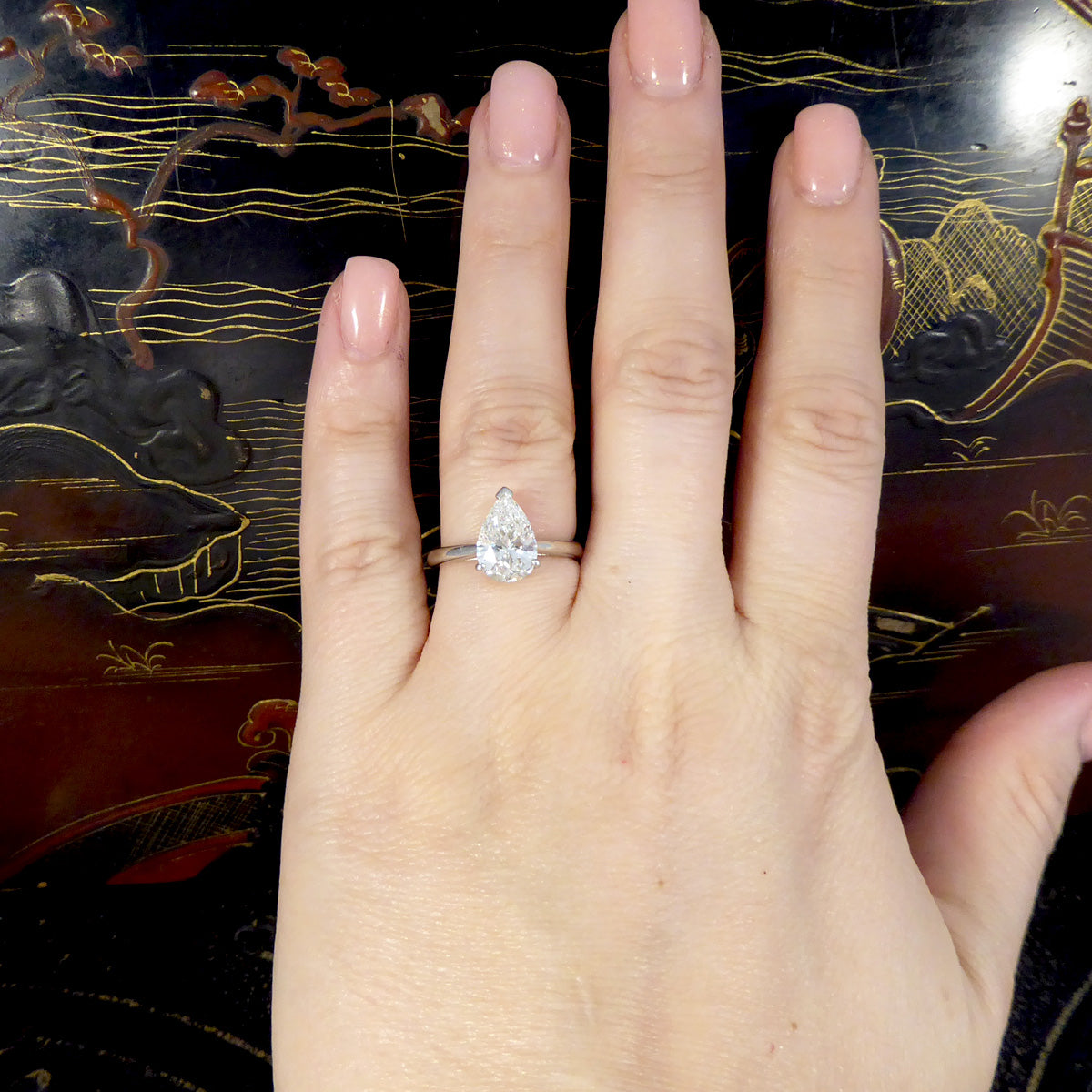 2.10ct Pear Shaped Brilliant Cut Diamond Solitaire Ring in Platinum - Wharfedale Antiques