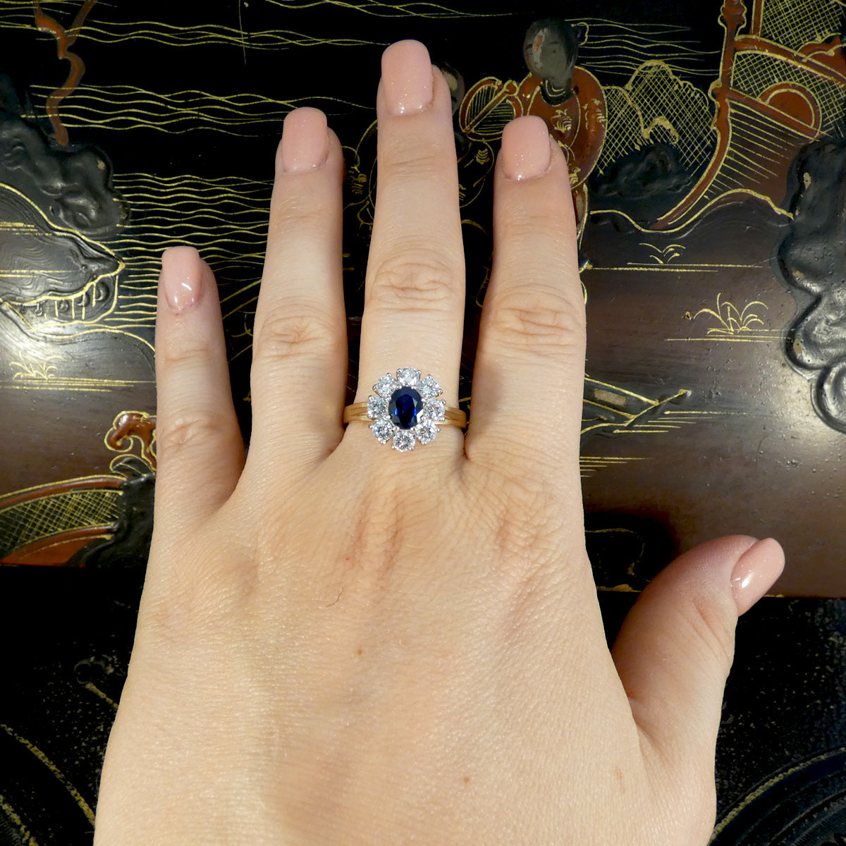 Sapphire and Diamond Oval Cluster Ring in 18ct Yellow and White Gold - Wharfedale Antiques