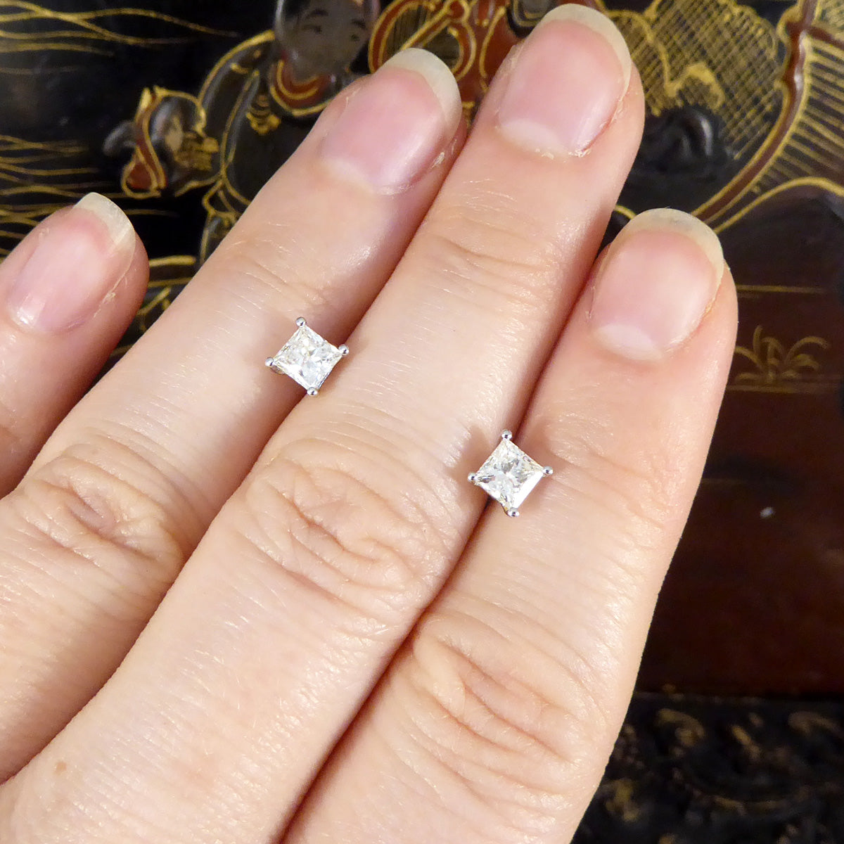 Princess Cut Diamond Stud Earrings Weighing 0.91ct in 18ct White Gold - Wharfedale Antiques