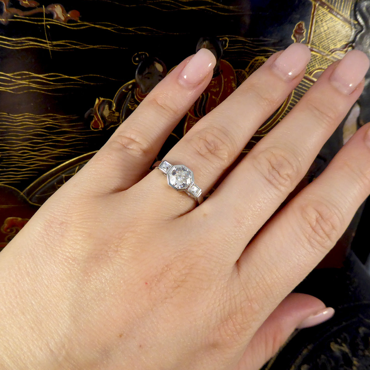 Old European and French Cut Diamond Octagon Design Three Stone Ring in Platinum - Wharfedale Antiques