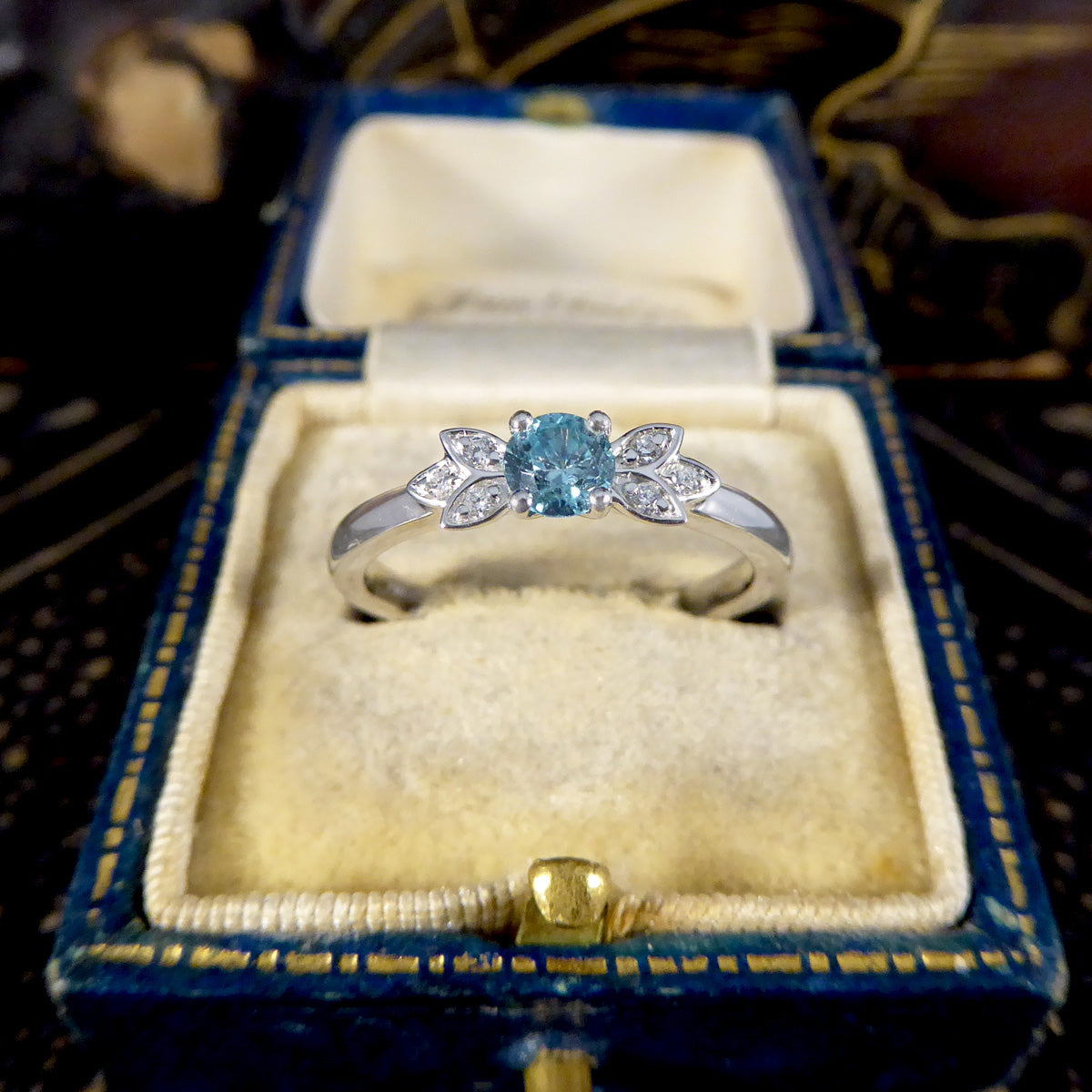 Blue Zircon and Diamond set Butterfly Ring in Platinum