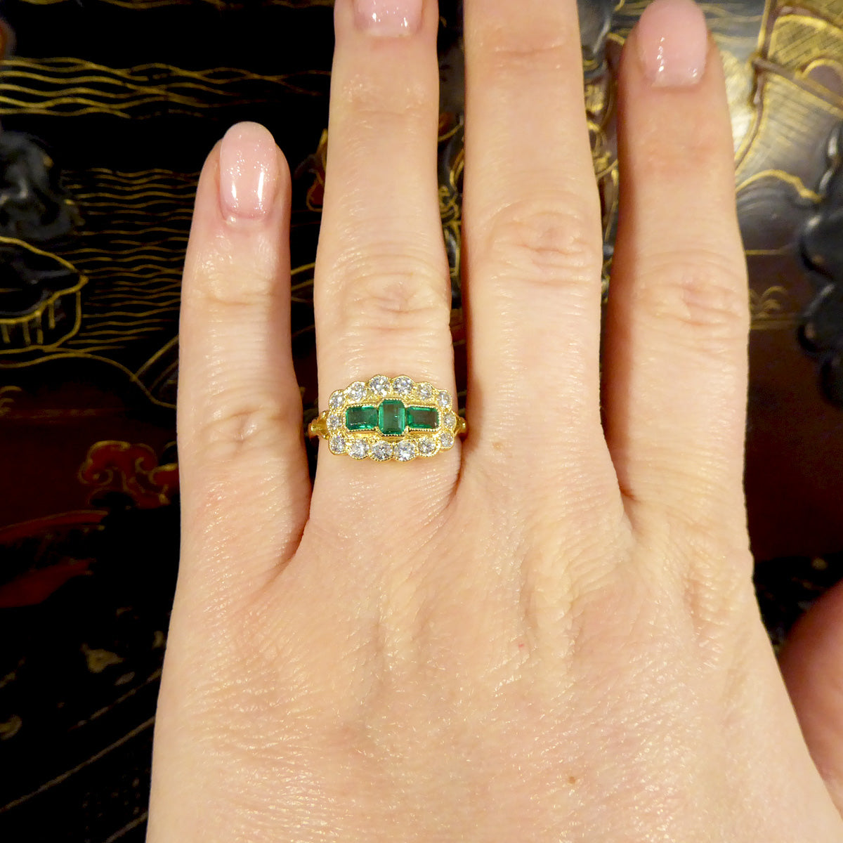 Antique Style Emerald and Diamond Boat Ring in 18ct Yellow Gold - Wharfedale Antiques