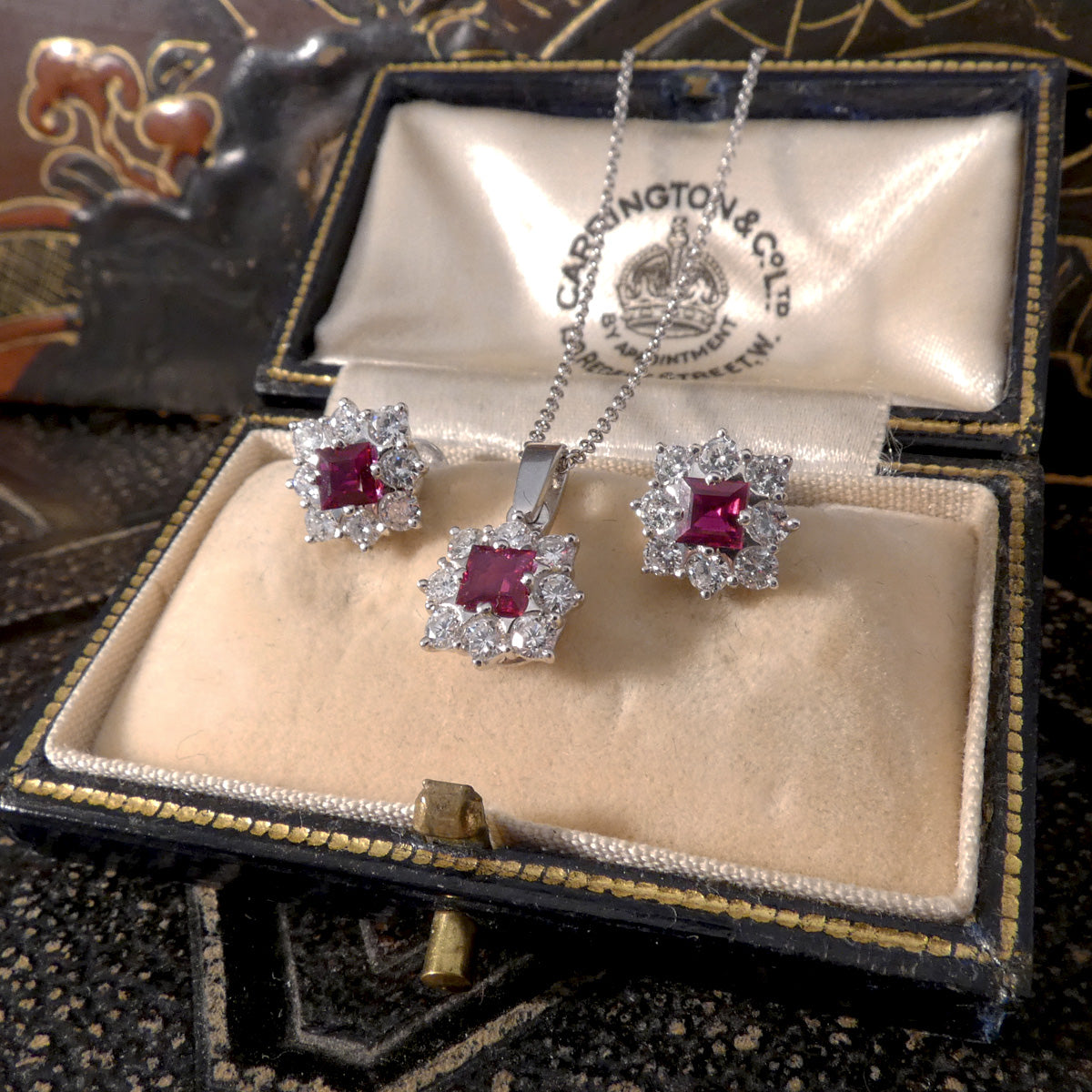 Vintage Ruby and Diamond Cluster Earrings and Necklace Set in 18ct White Gold - Wharfedale Antiques