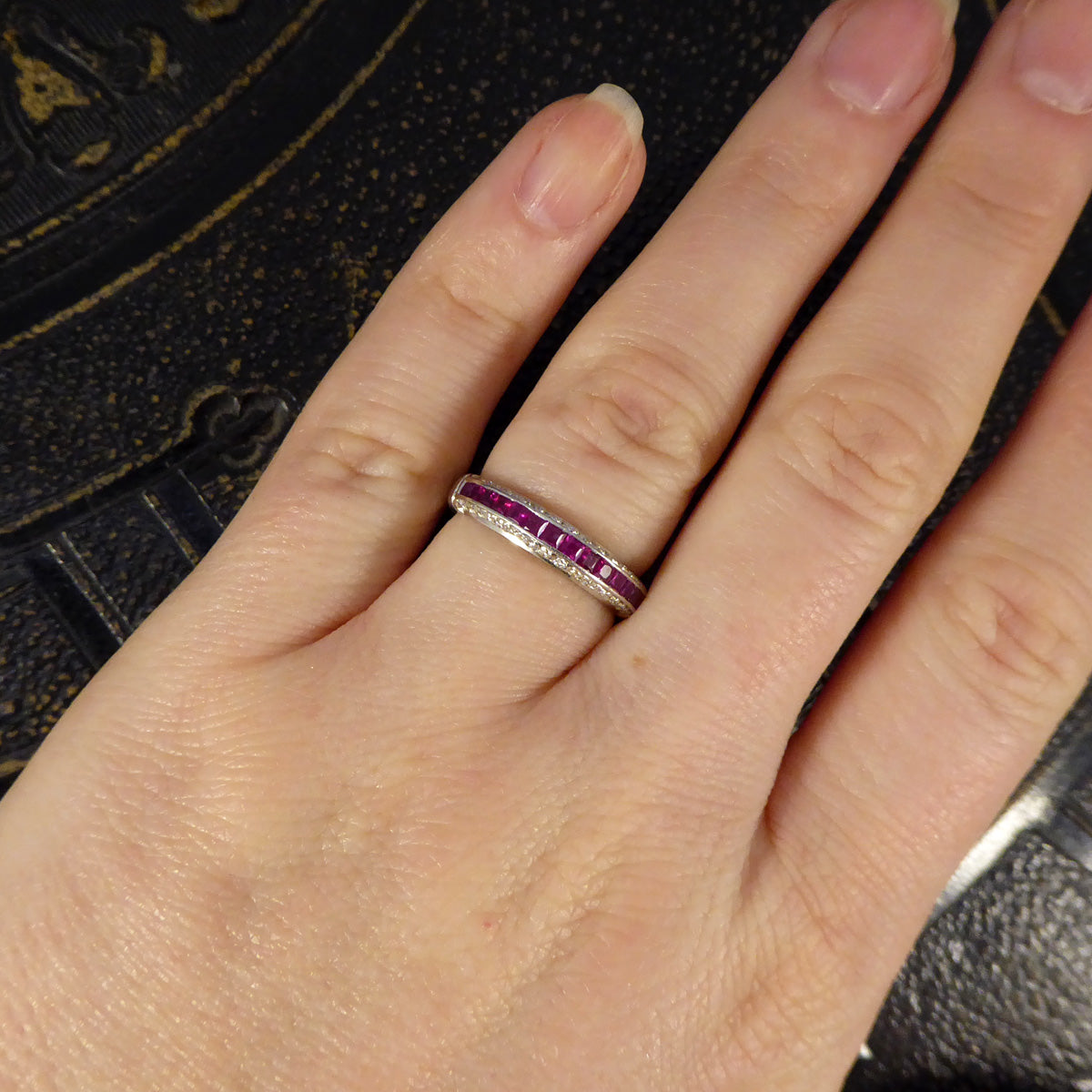 Ruby and Diamond Half Eternity Domed Ring in 18ct White Gold - Wharfedale Antiques