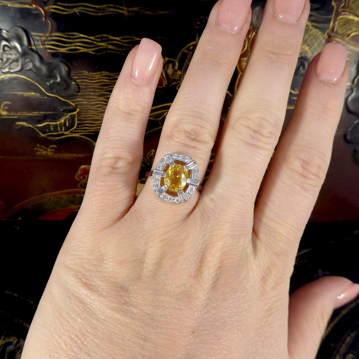 Art Deco Inspired Yellow Sapphire and Diamond Sunshine Cluster Ring in Platinum - Wharfedale Antiques
