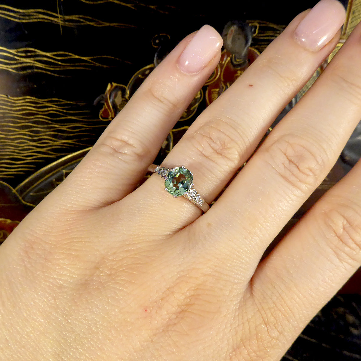 Enchanting Green Tourmaline Ring with Diamond Shoulders in 18ct White Gold - Wharfedale Antiques
