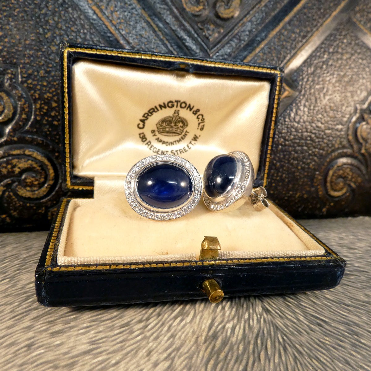 Cabochon Sapphire and Diamond Cluster Stud Earrings 18ct White Gold - Wharfedale Antiques