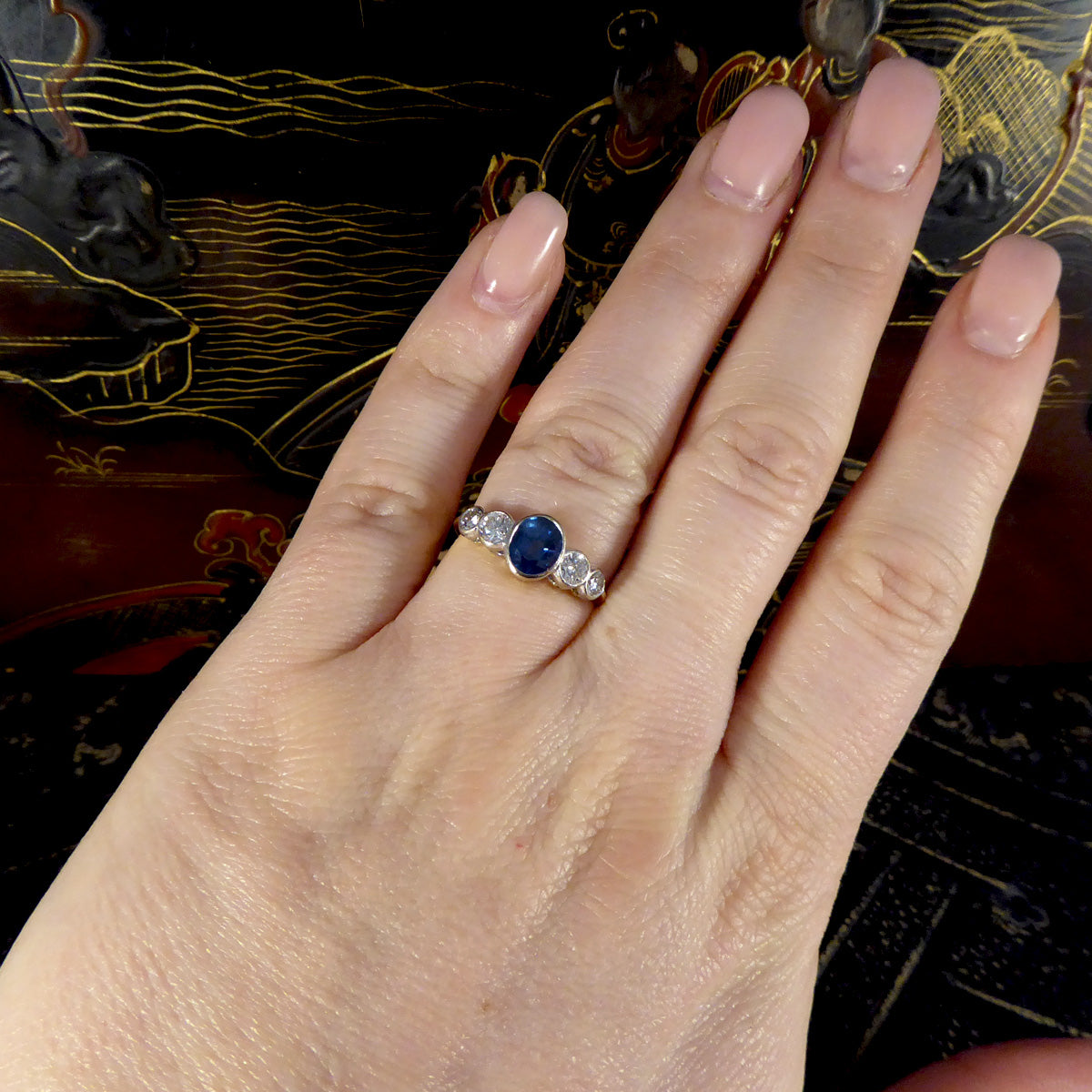 Edwardian Sapphire and Diamond Bezel Set Five Stone Ring in 18ct White and Yellow Gold - Wharfedale Antiques